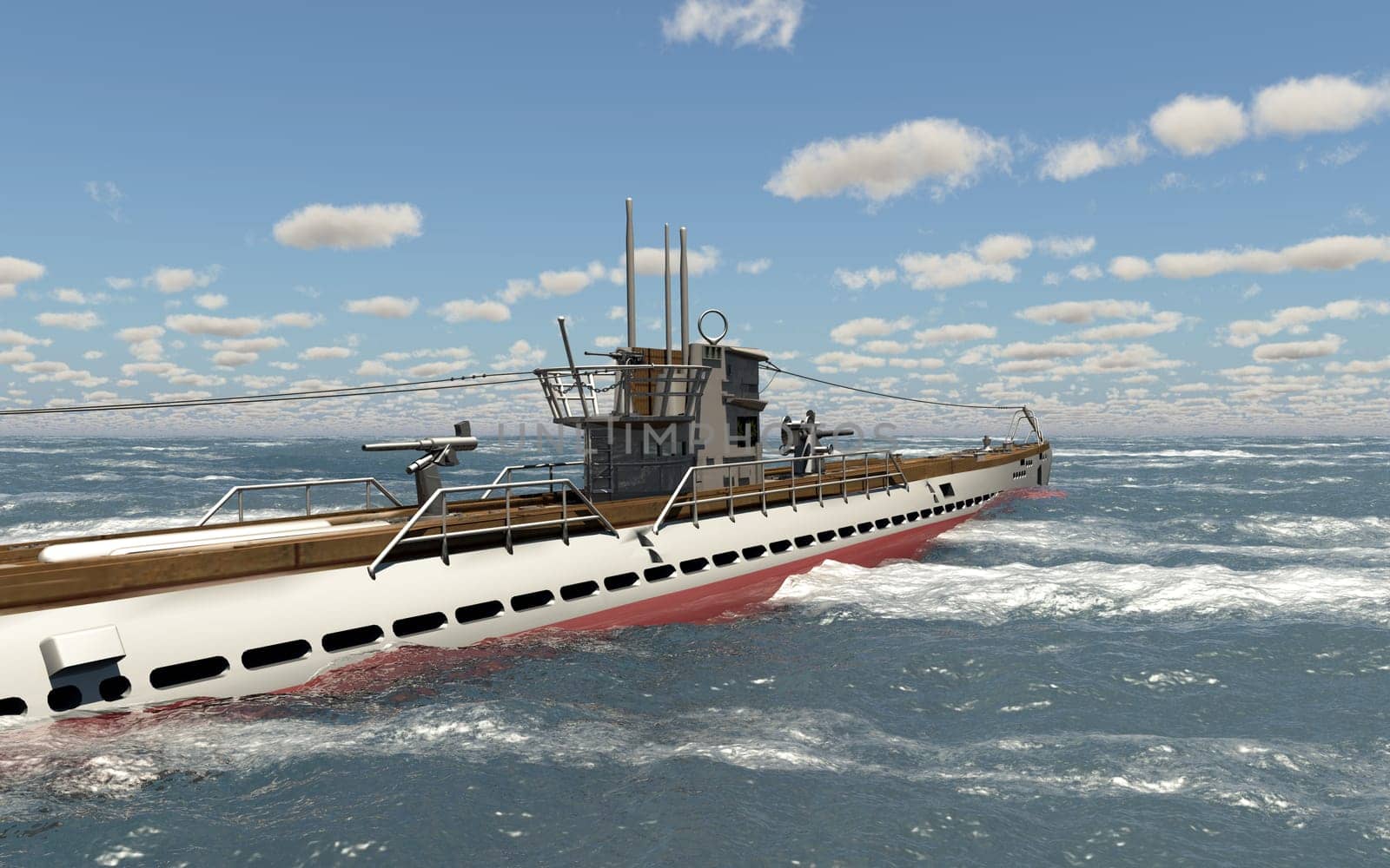 Computer generated 3D illustration with a German submarine of World War II in the stormy sea