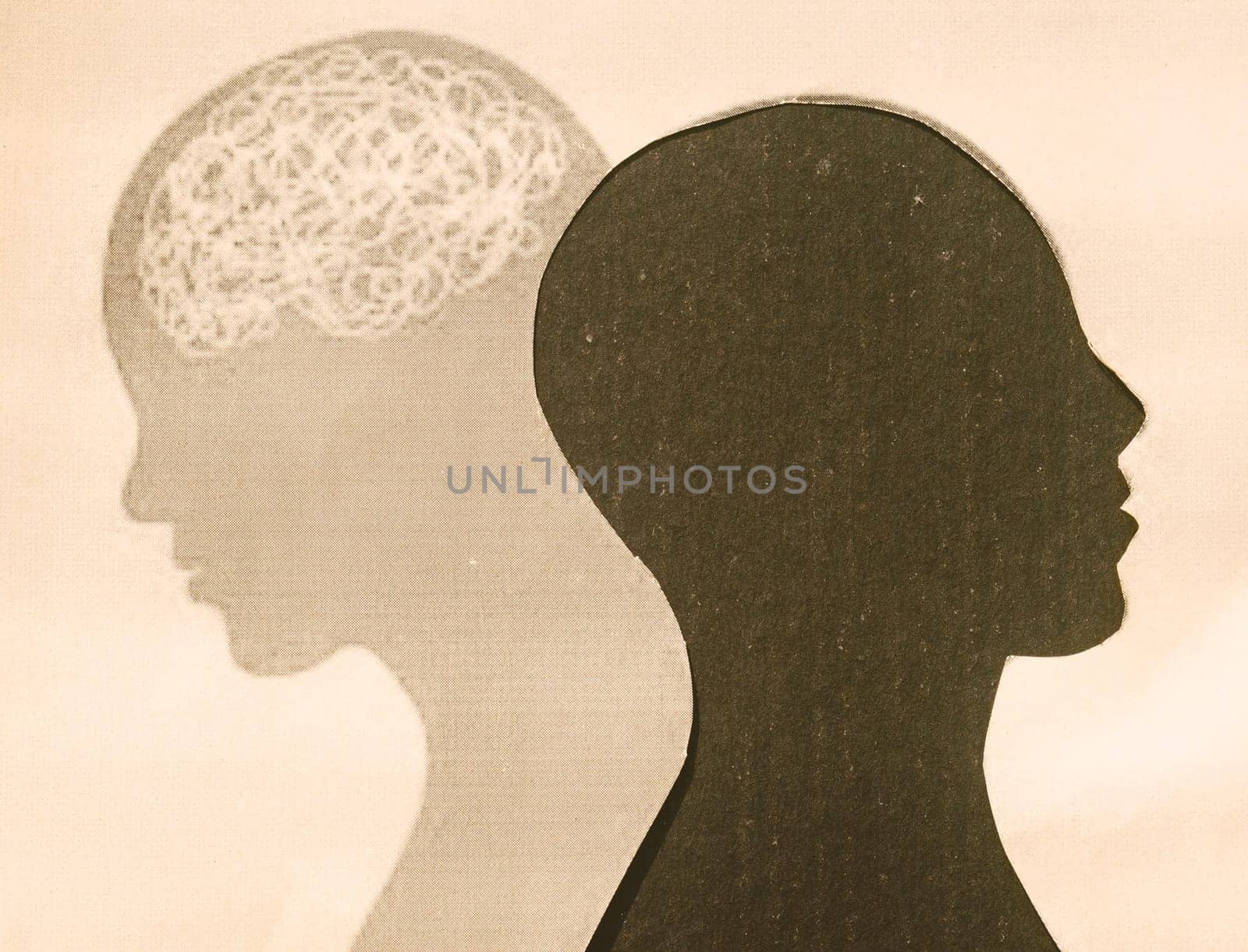 Human Brain Isolated Within Human Head and its shadow. Paper Abstract Illustration. Feelings of isolation and Mental Health concepts.