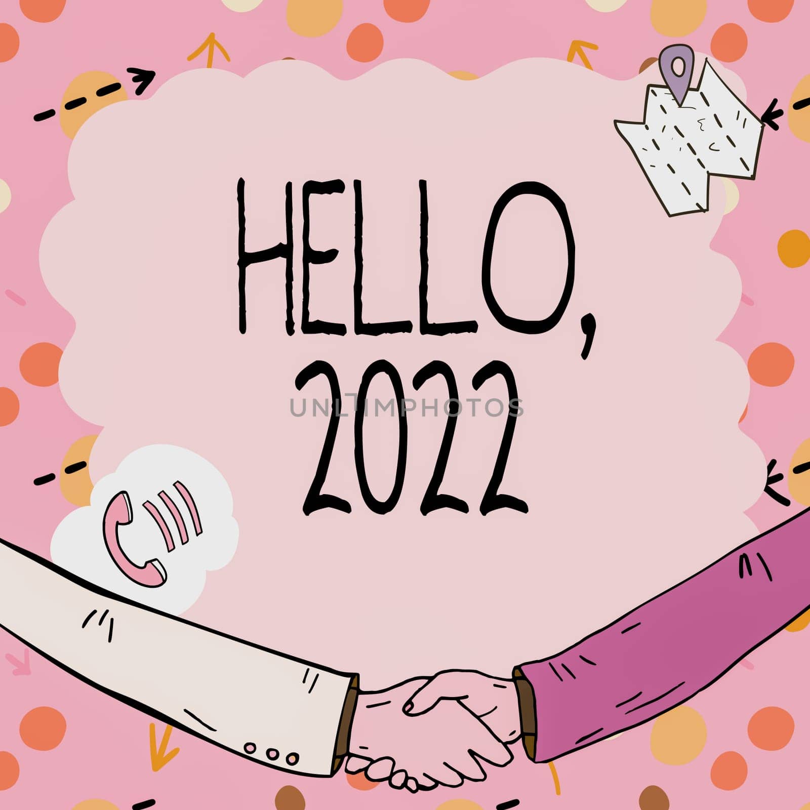 Conceptual caption Hello 2022, Concept meaning expression or gesture of greeting answering the telephone Empty frame decorated with communication symbols represent business meeting