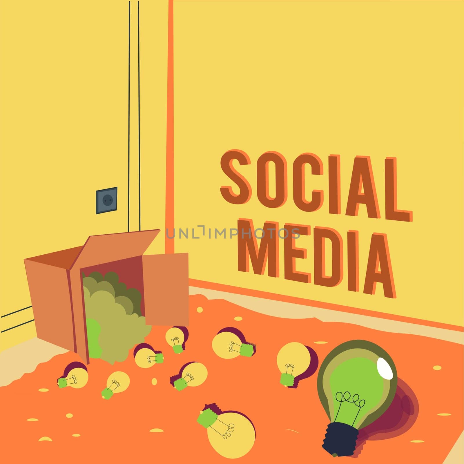 Hand writing sign Social Media, Business showcase Online communication channel Networking Microblogging Light bulbs spilled out box symbolizing innovative thinking.