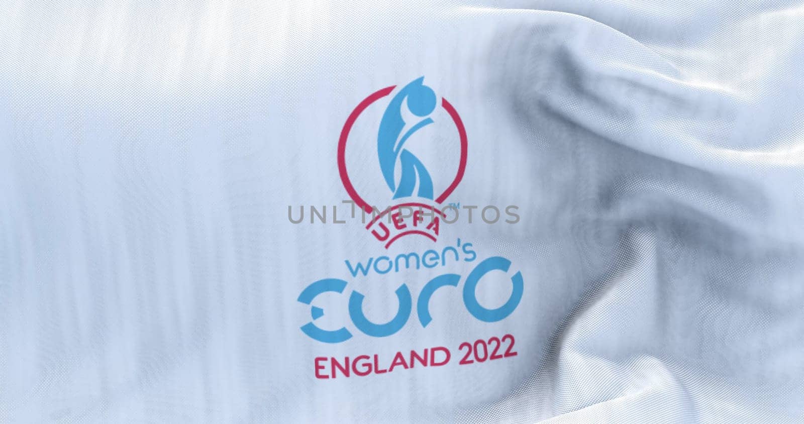 London, UK, May 2022: The flag of the UEFA European Women’s Football Championship Euro 2022 waving. Women’s Euro 2022 will take place in England from 6 to 31 July