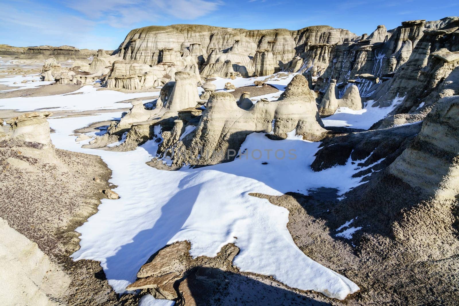 Scenic view of Bisti De-Na-Zin Wilderness area in New Mexico in winter