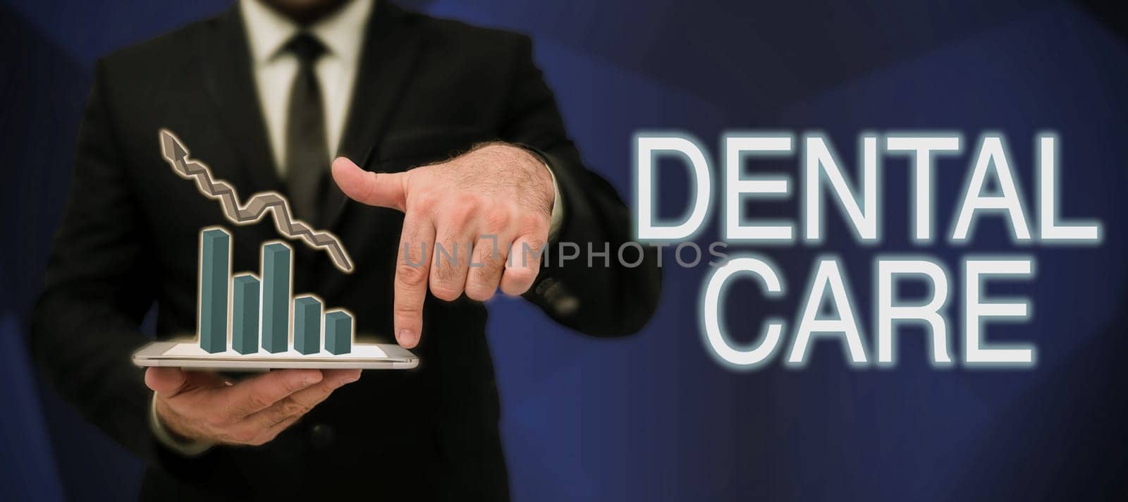 Conceptual display Dental Care, Business approach maintenance of healthy teeth or to keep it clean for future Businessman in suit holding notepad symbolizing successful teamwork.