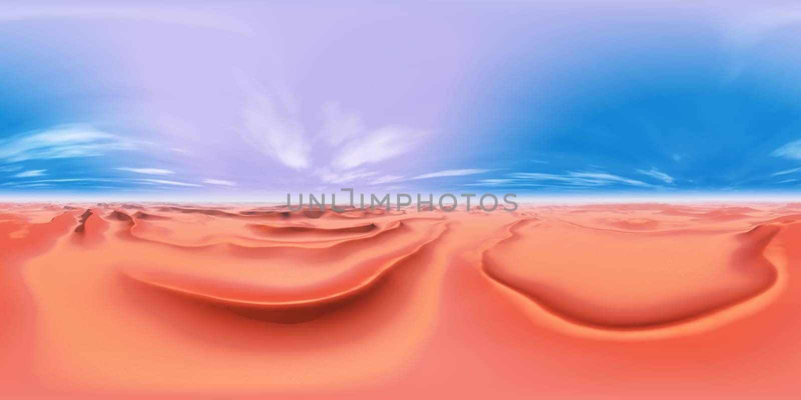 Computer generated 3D illustration with a spherical 360 degrees seamless panorama of a sandy desert landscape