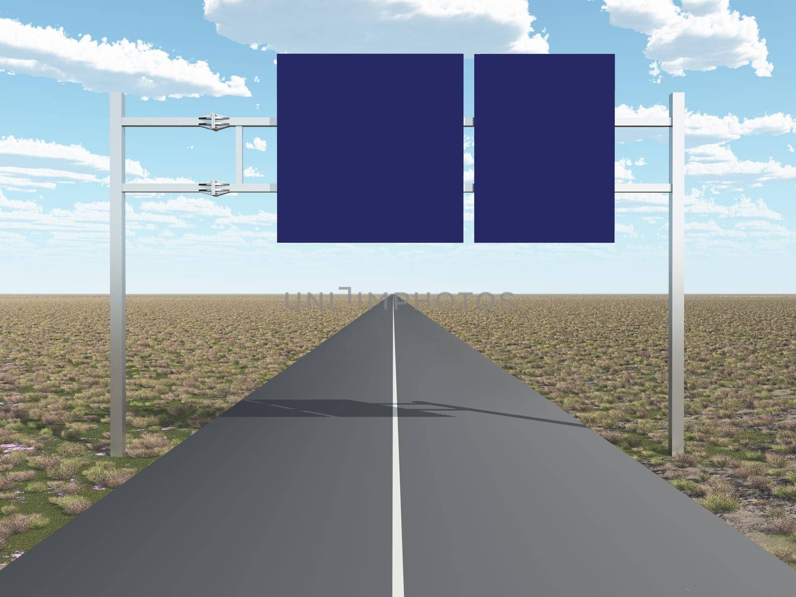Computer generated 3D illustration with highway sign and roadway