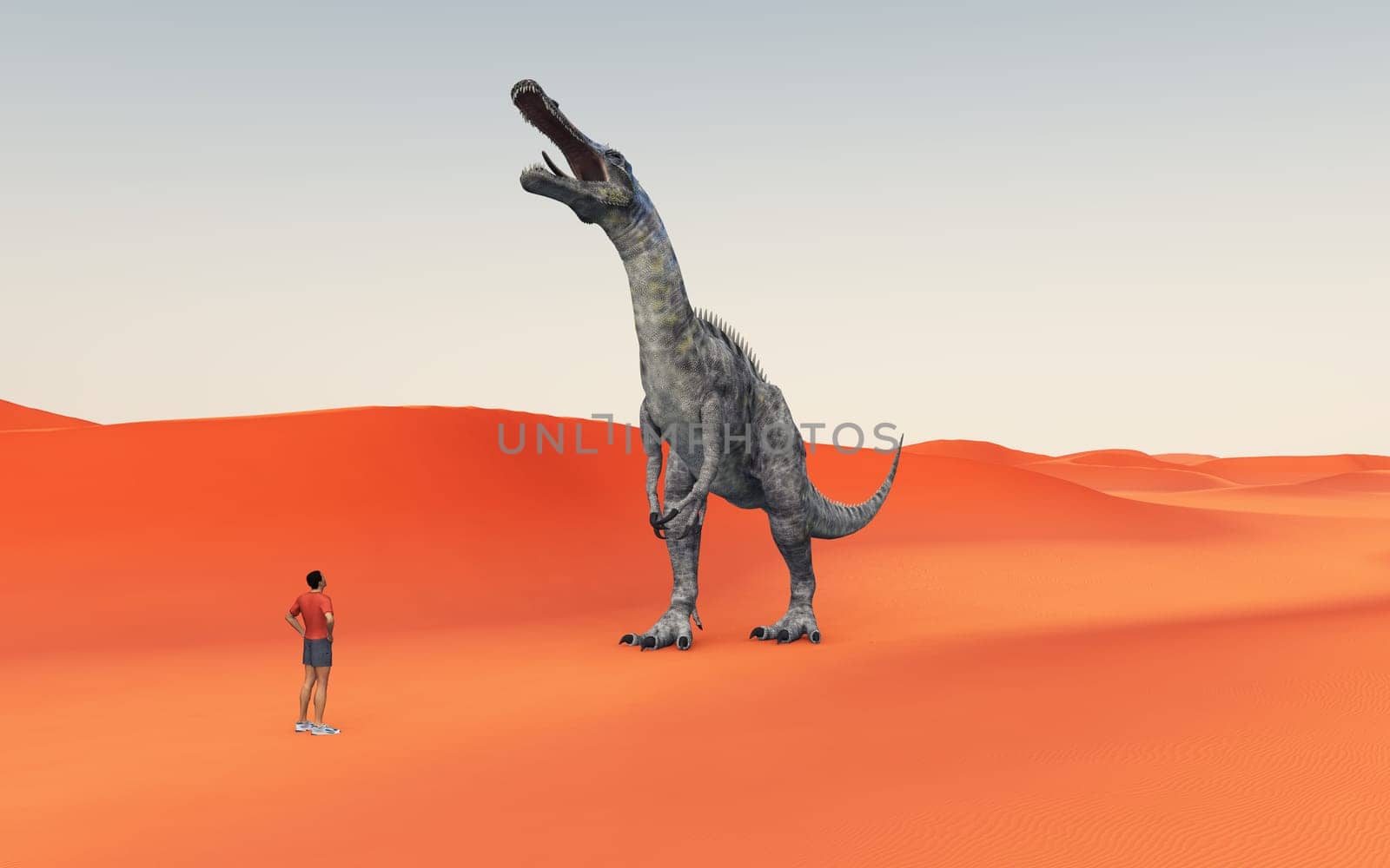 Computer generated 3D illustration with wanderer and dinosaur Suchomimus in a sandy desert
