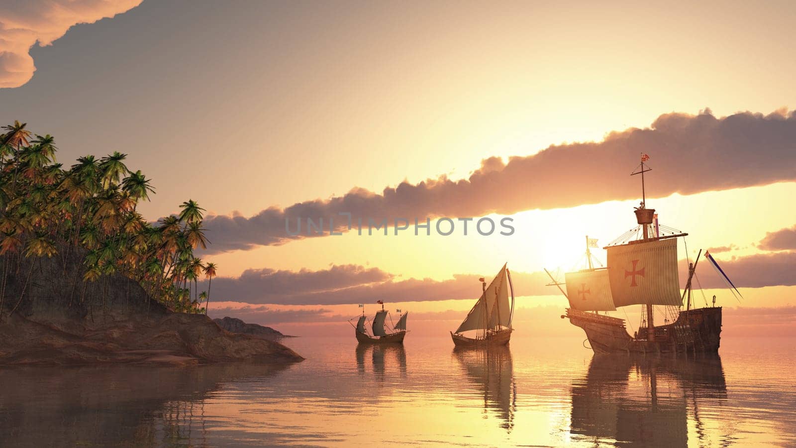 Computer generated 3D illustration with the ships Santa Maria, Nina and Pinta of Christopher Columbus at sunset