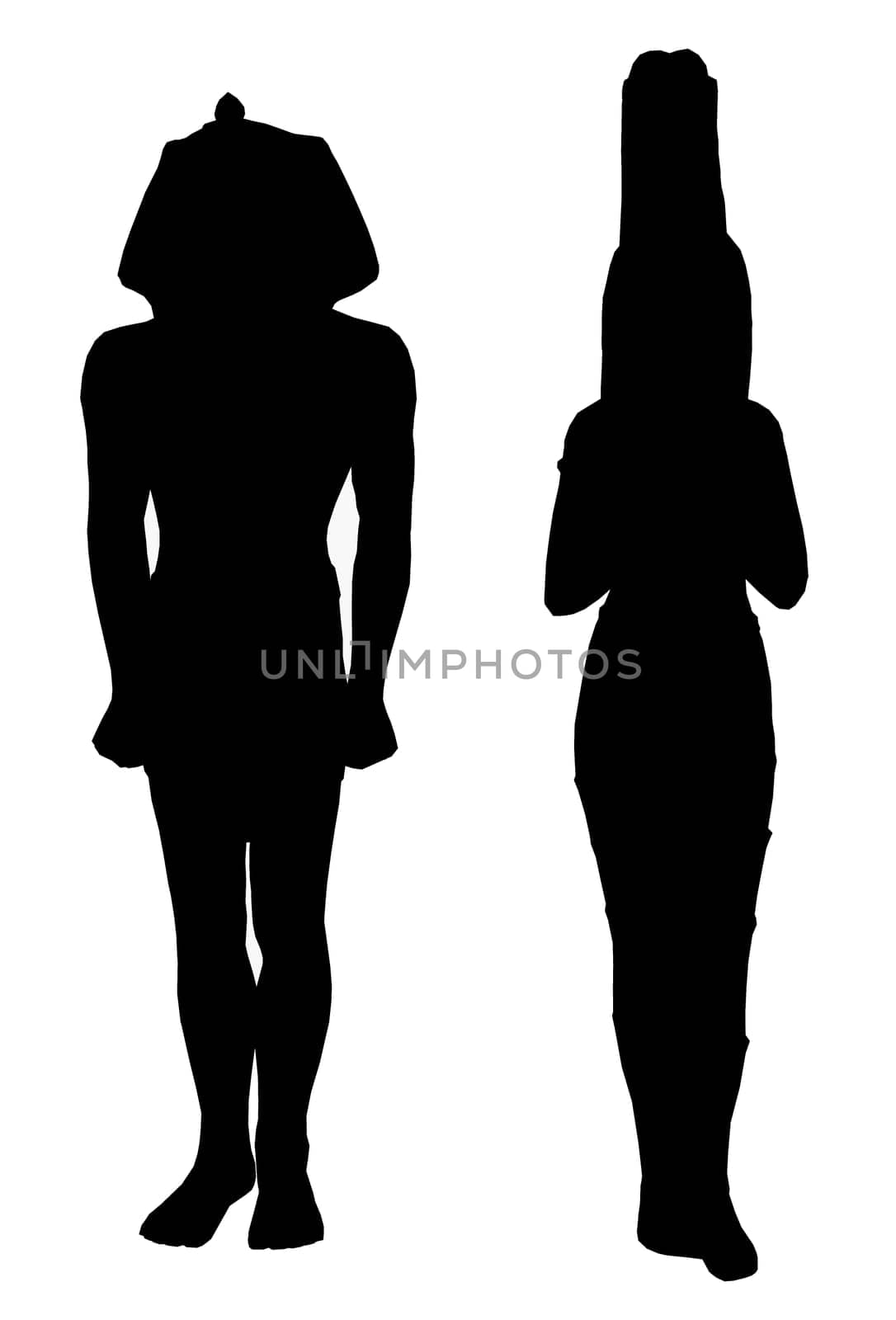 Computer generated 2D illustration with the silhouette of two statues from ancient Egypt