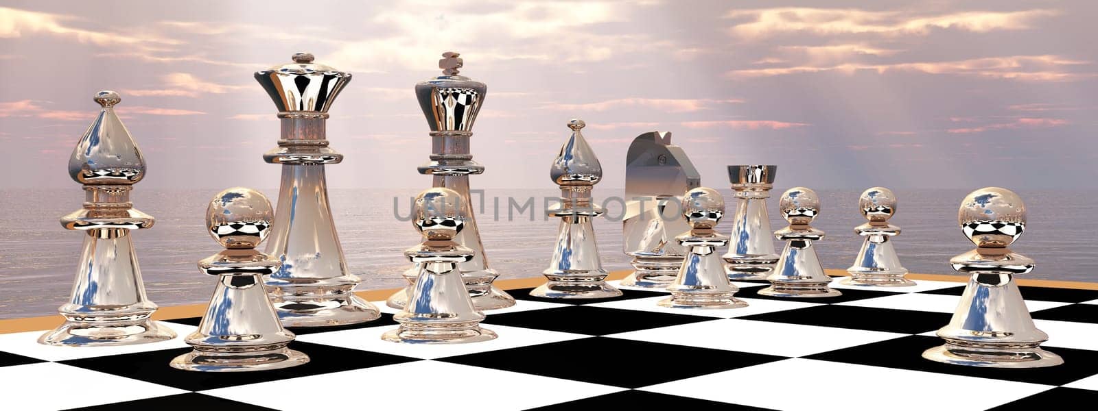 Computer generated 3D illustration with chessboard and chess figures against a cloudy sky with sun rays