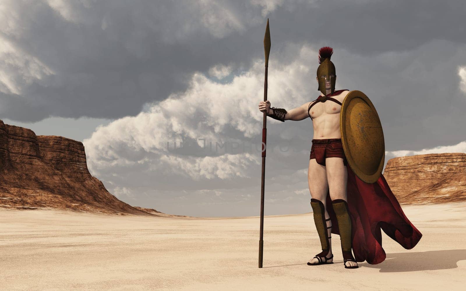 Computer generated 3D illustration with a Spartan warrior from ancient Greece in a landscape