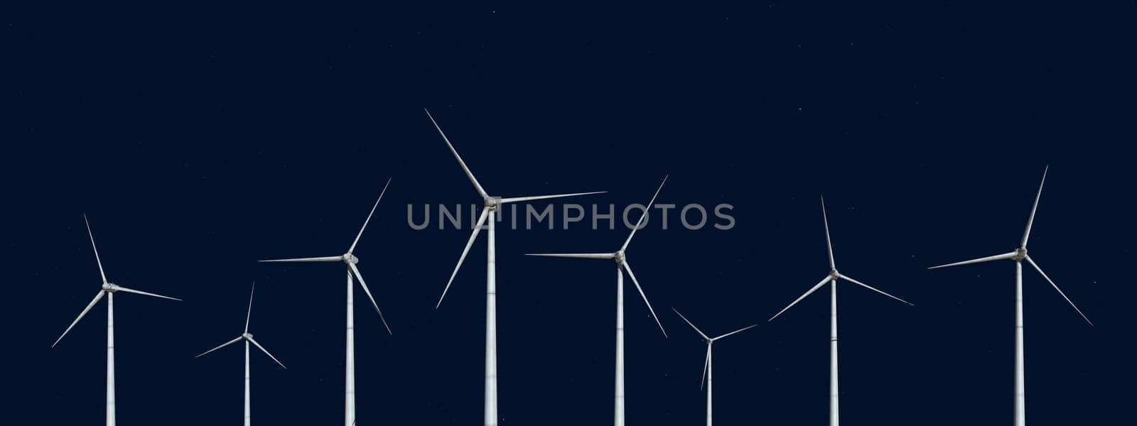 Computer generated 3D illustration with wind turbines at night