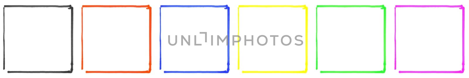 Empty blank set of hand painted frames made with pencil on white background - black, red, blue, yellow, green and purple