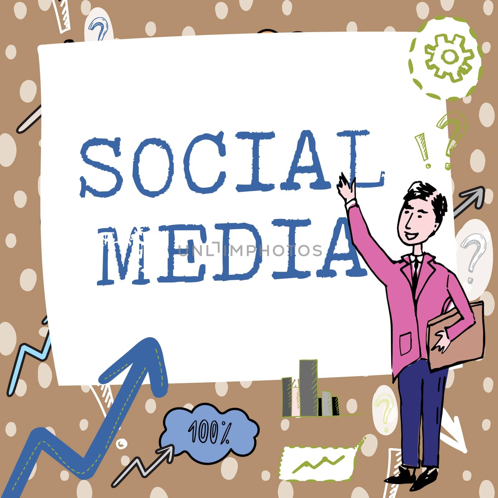 Hand writing sign Social Media, Concept meaning Online communication channel Networking Microblogging Gentleman Drawing Standing Pointing Finger In Blank Whiteboard.