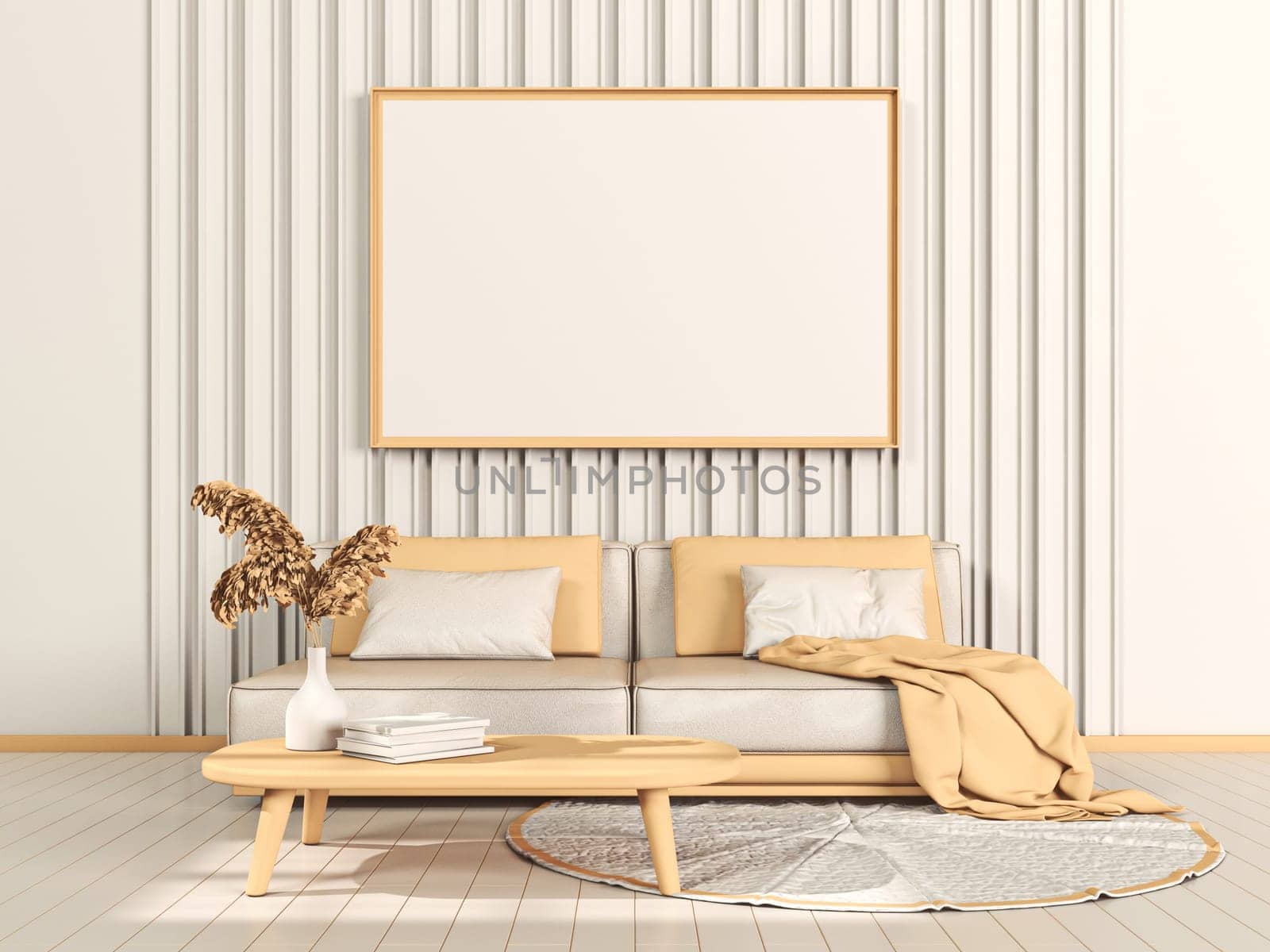 Mock up poster frames with wall panel and simple sofa in modern interior background 3D render 3D illustration