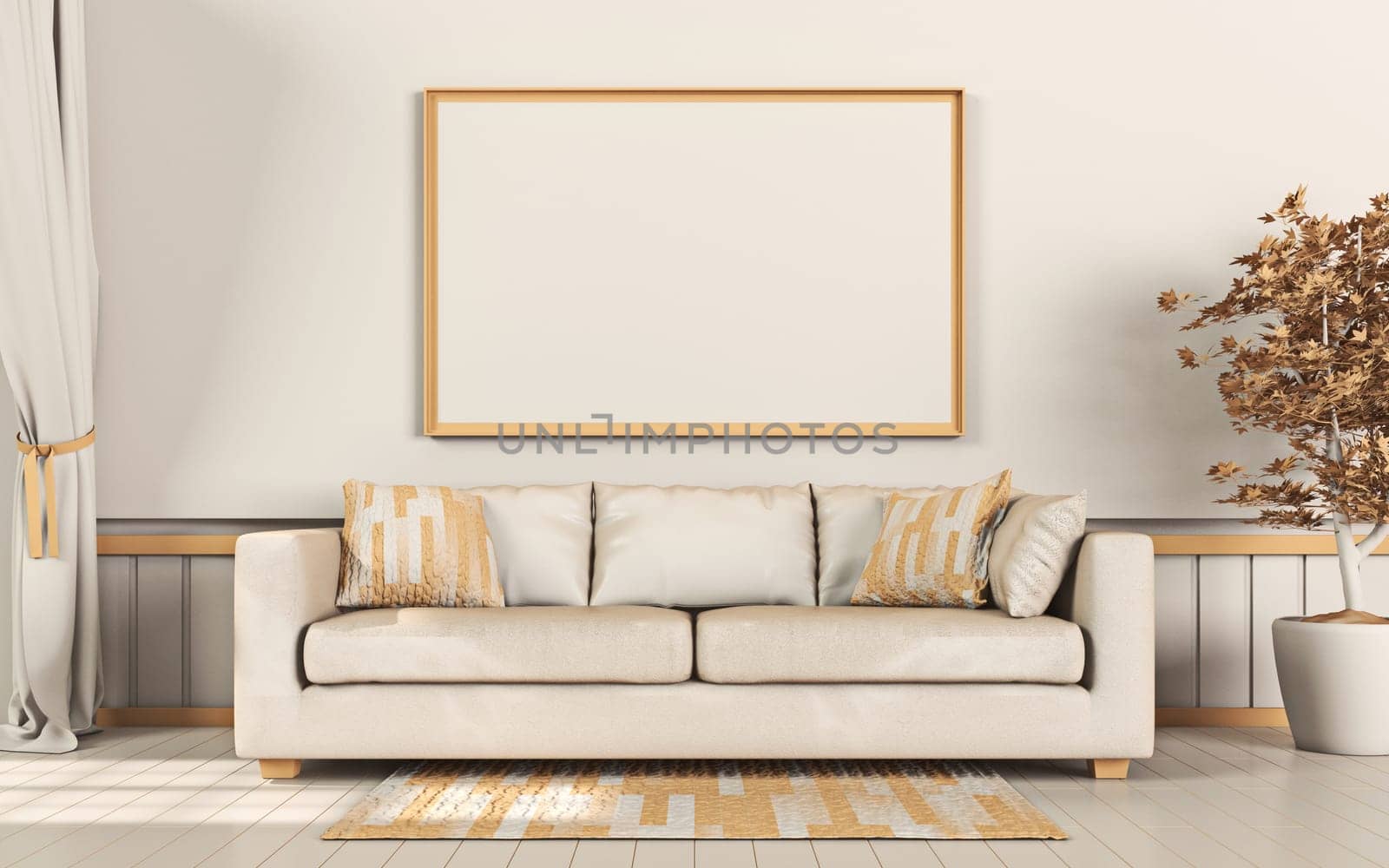 Mock up poster frames with indoor tree and sofa in modern interior background 3D render 3D illustration