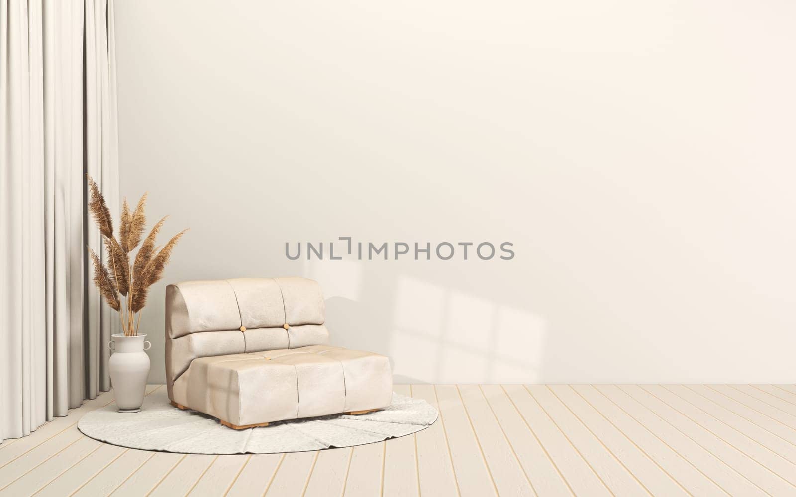 Mock up poster frames with light shadows and armchair in modern interior background 3D render 3D illustration