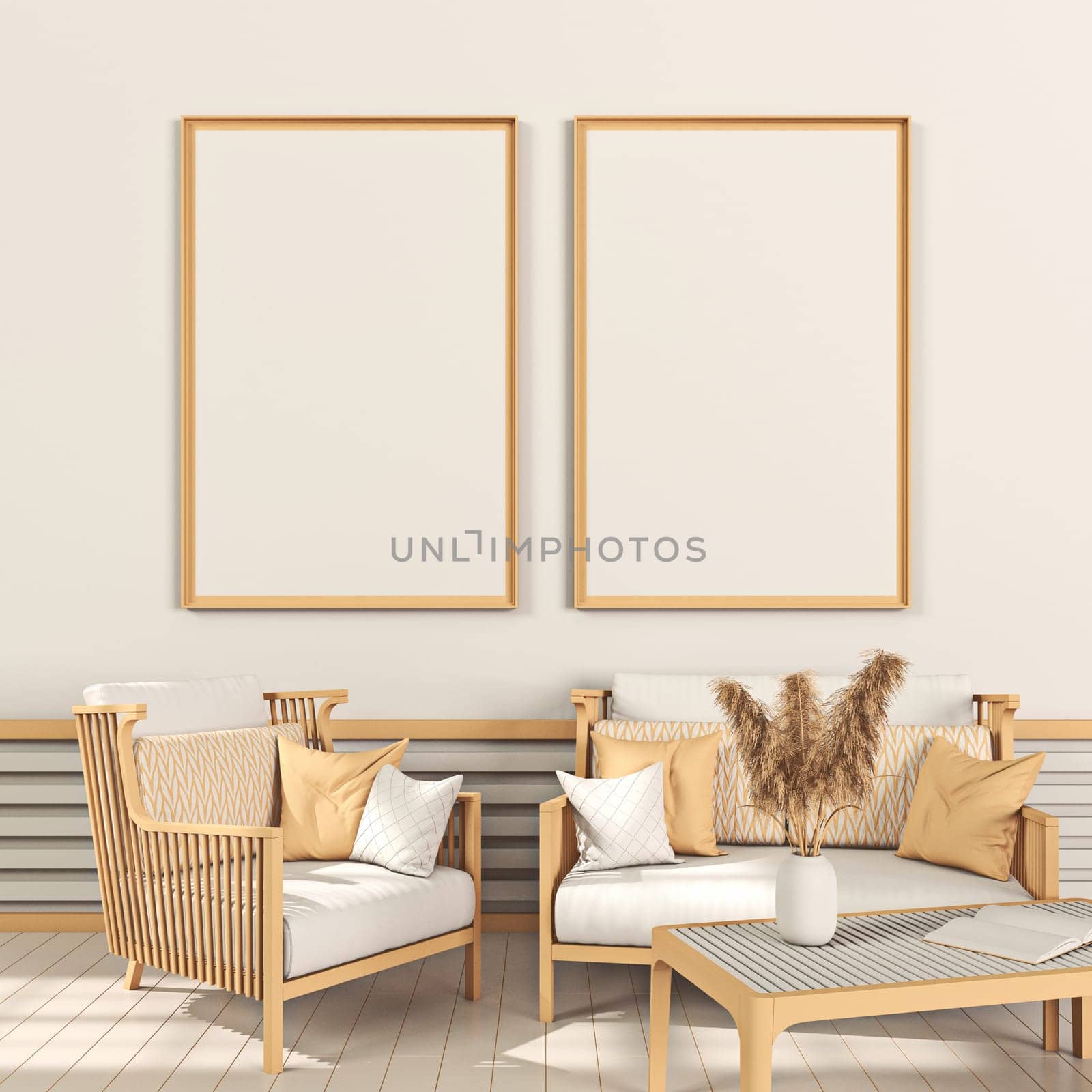 Mock up poster frames with dried plant and wooden armchair and sofa in modern interior background 3D render 3D illustration