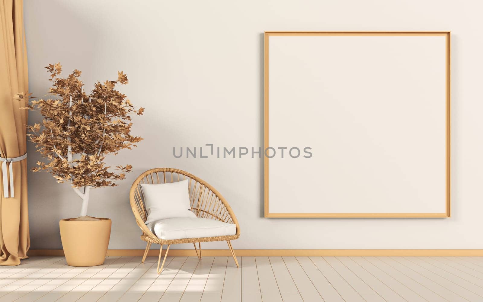 Mock up poster frames with big indoor plant in modern interior background 3D render 3D illustration