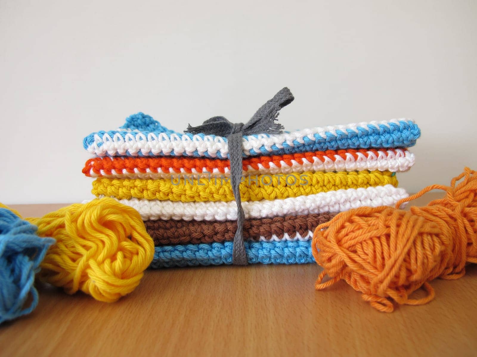 Reusable crocheted and knitted dishcloths from wool scraps