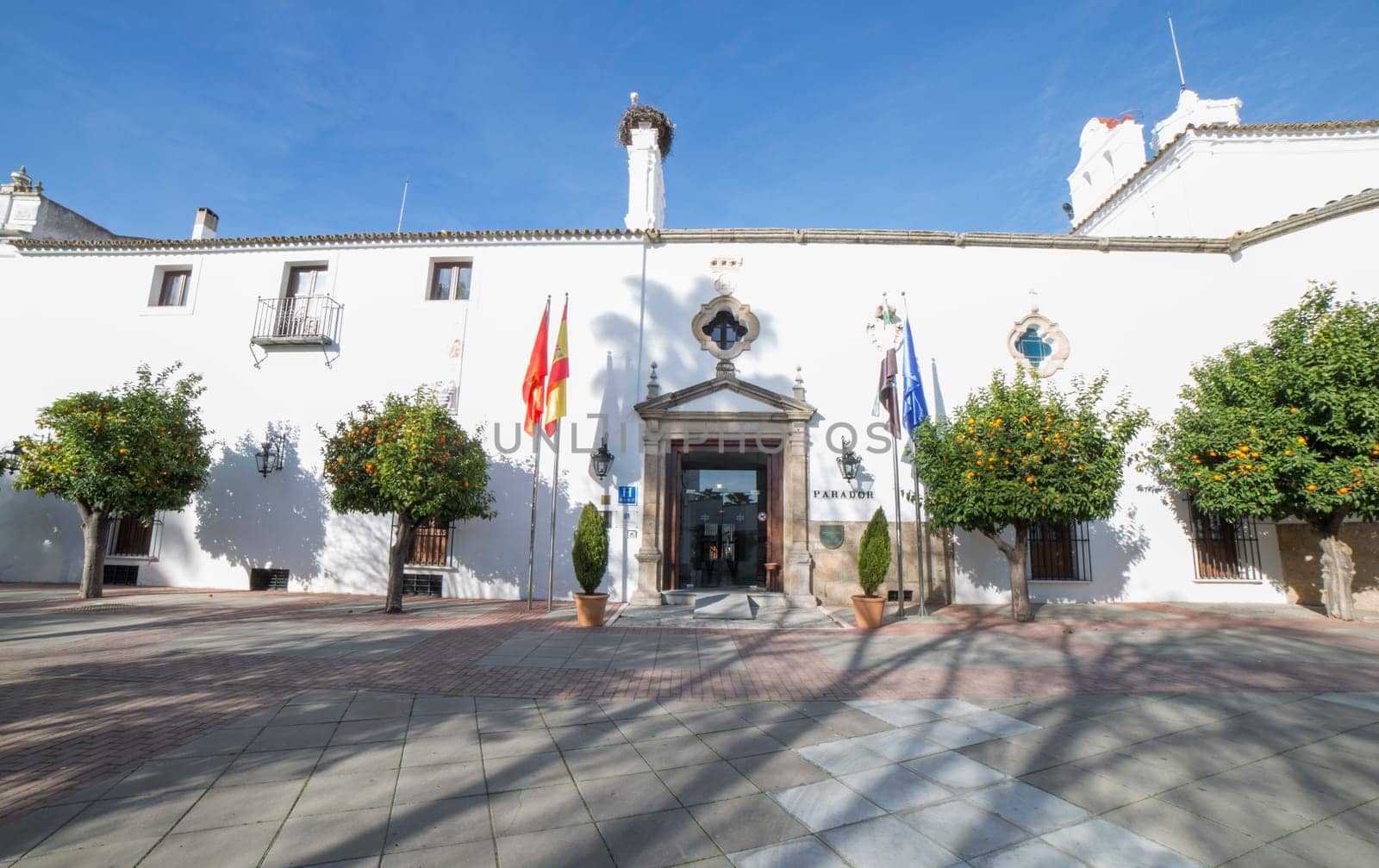 Merida, Spain - Feb 14th, 2021: Parador de Merida, Badajoz, Spain. Spanish state-owned chain of luxury hotels