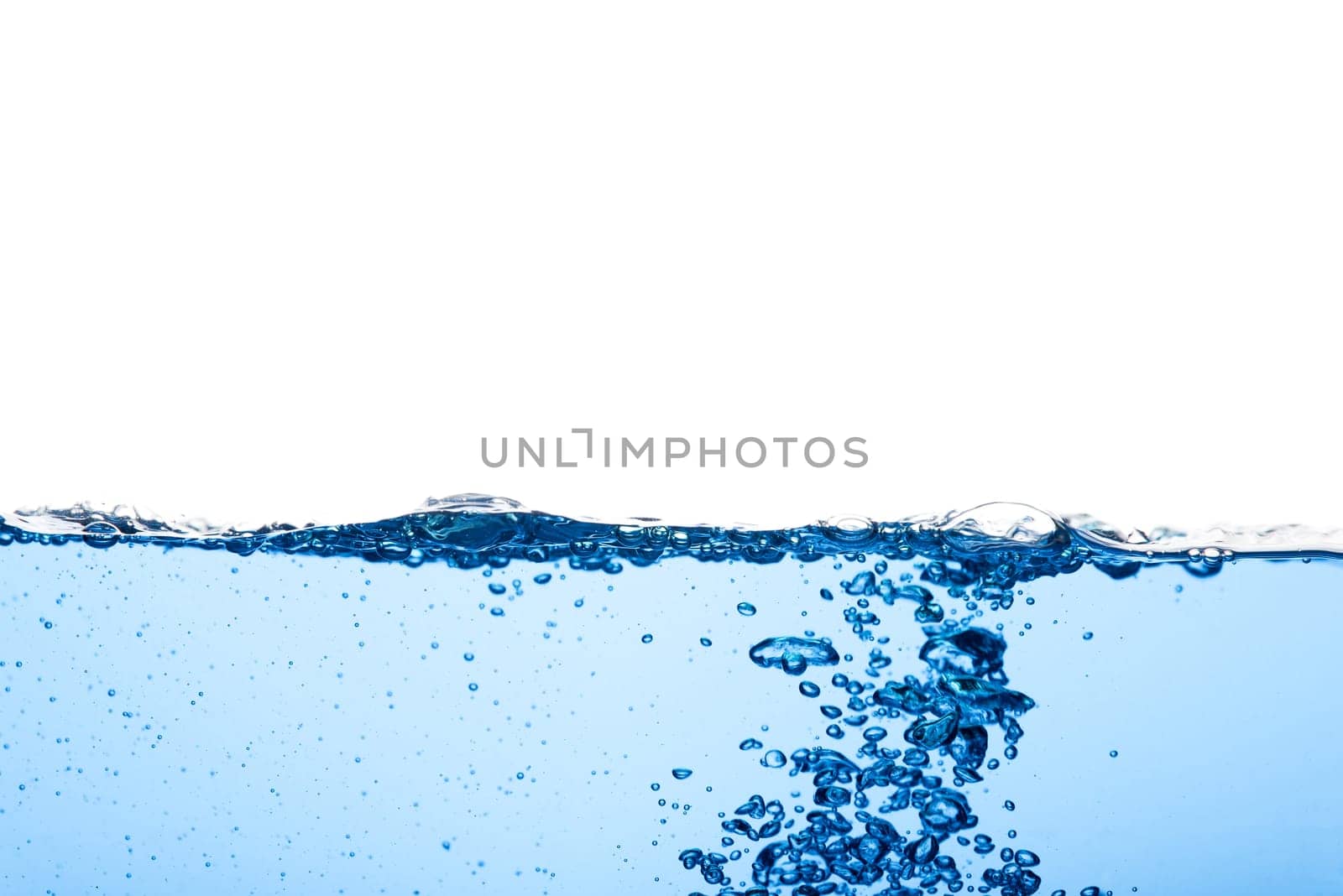 Abstract clean flow ripple surface on liquid. Light blue water wave with air bubbles and a little bit splashed underwater, studio shot isolated on white background
