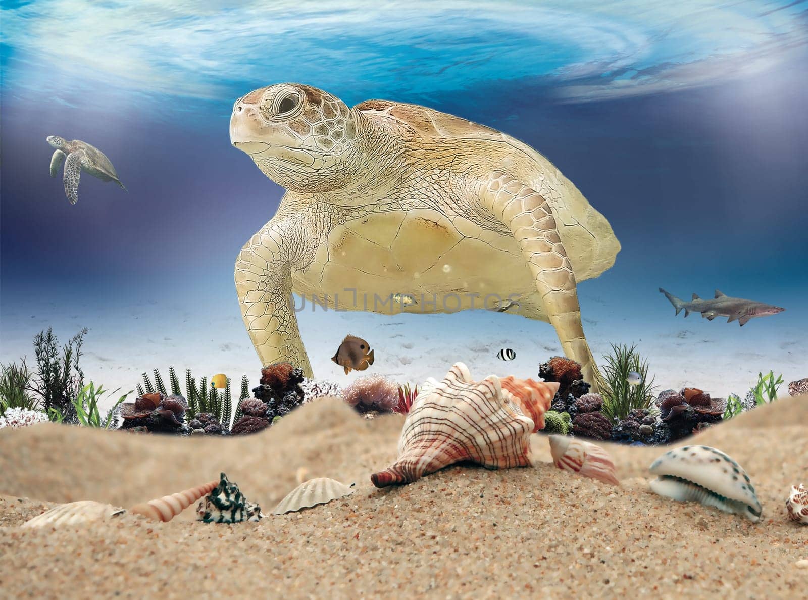 Hawksbill turtle is swimming in the tropical lagoon i