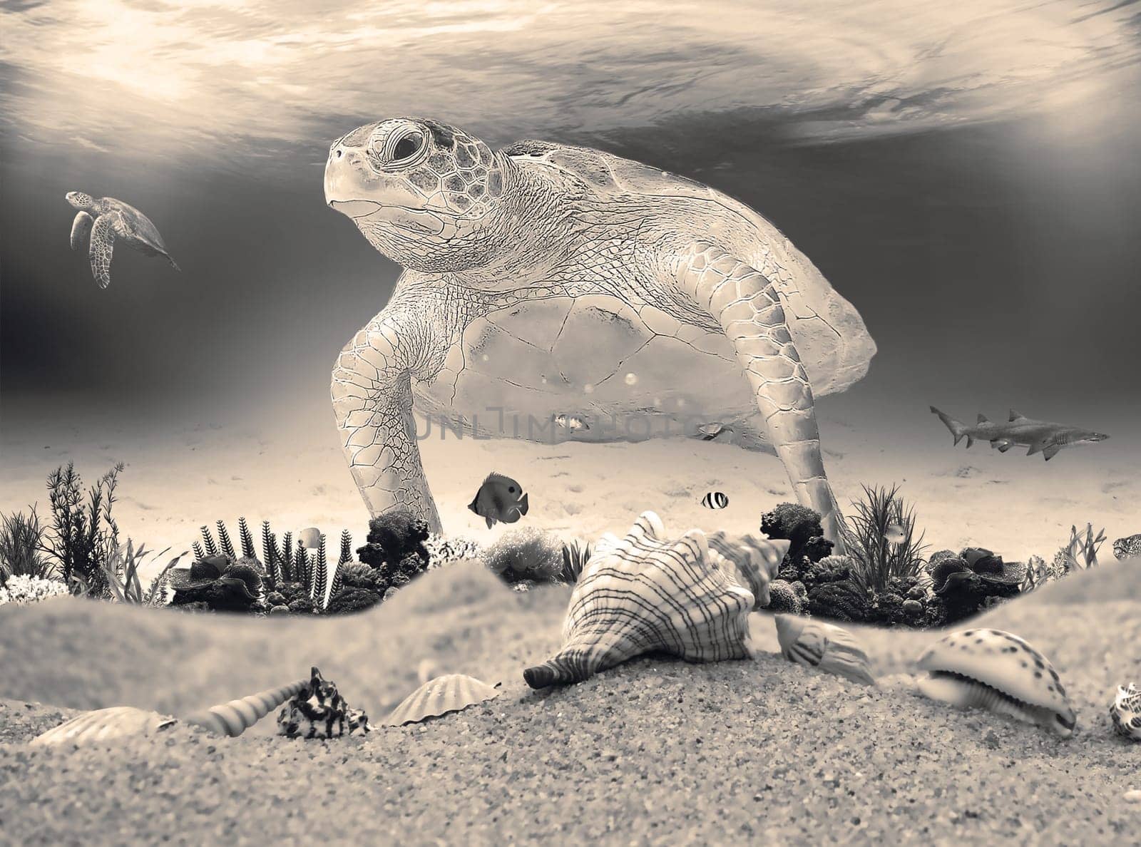 Hawksbill turtle is swimming in the tropical lagoon i
