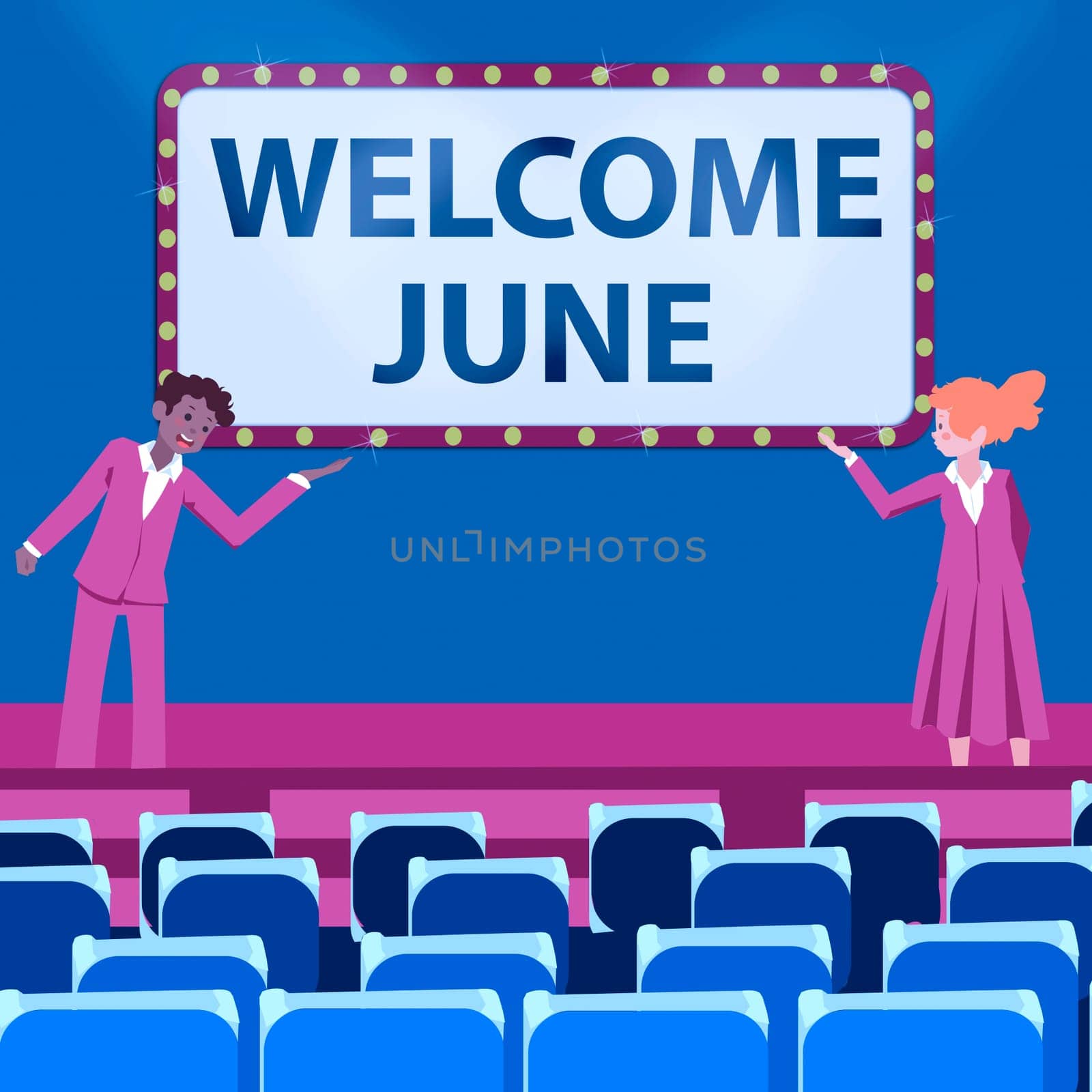 Conceptual display Welcome June, Business overview Calendar Sixth Month Second Quarter Thirty days Greetings Male and female colleagues doing presentation on stage with hand gestures.