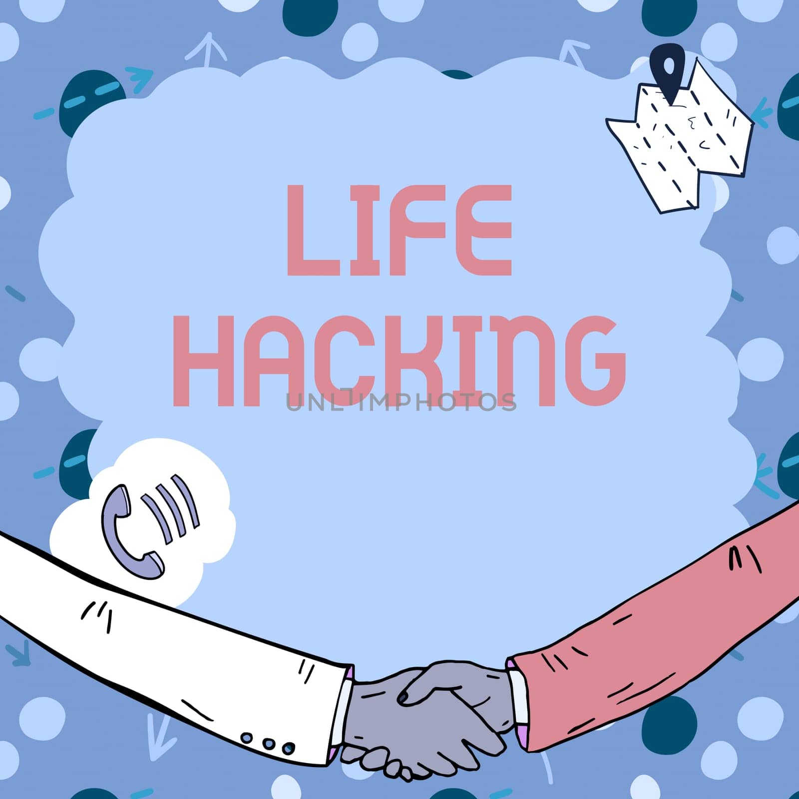 Text caption presenting Life Hacking, Business overview Simple and clever techniques in accomplishing task easily Empty frame decorated with communication symbols represent business meeting