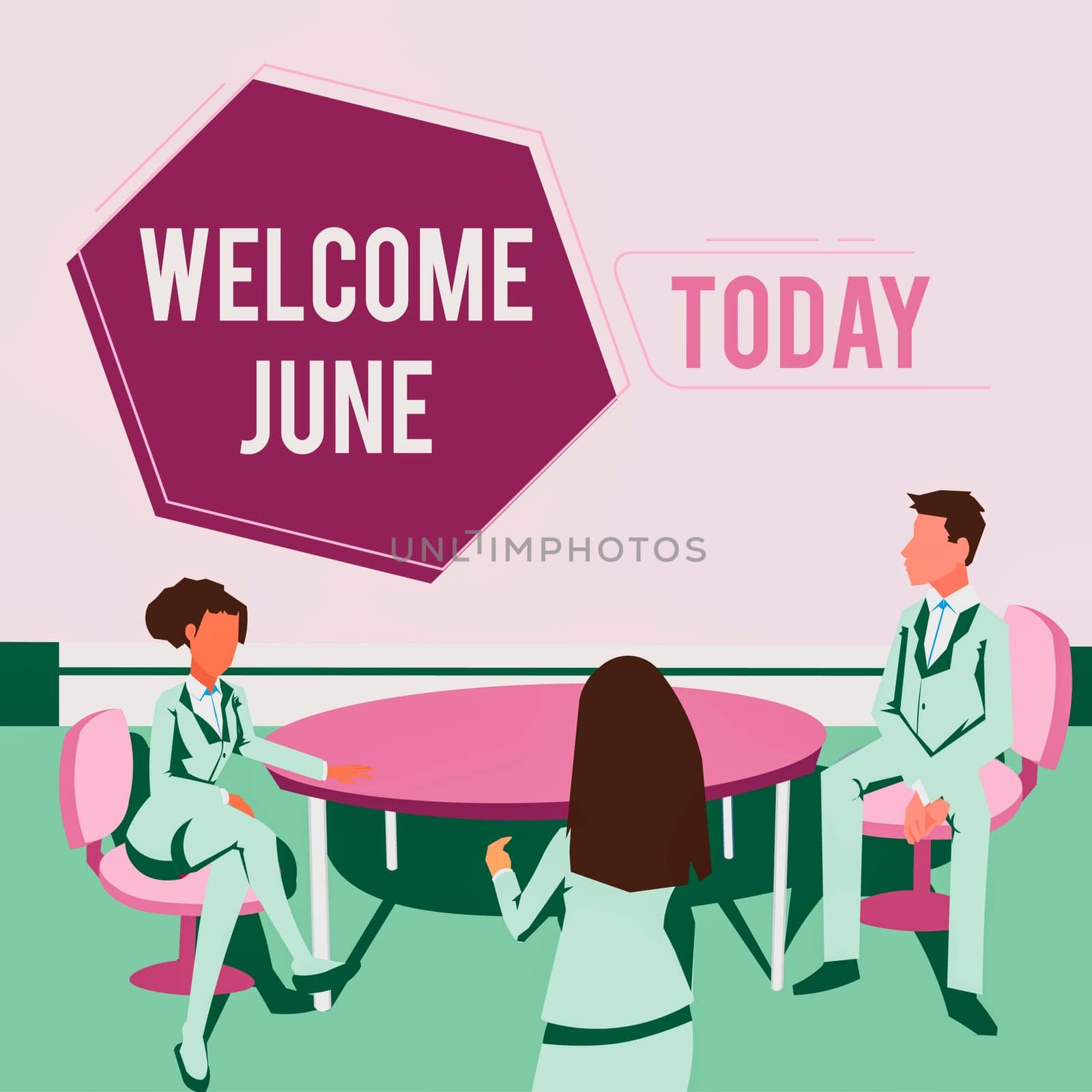 Hand writing sign Welcome June, Business showcase Calendar Sixth Month Second Quarter Thirty days Greetings Colleagues having meeting presenting project ideas achieving teamwork.