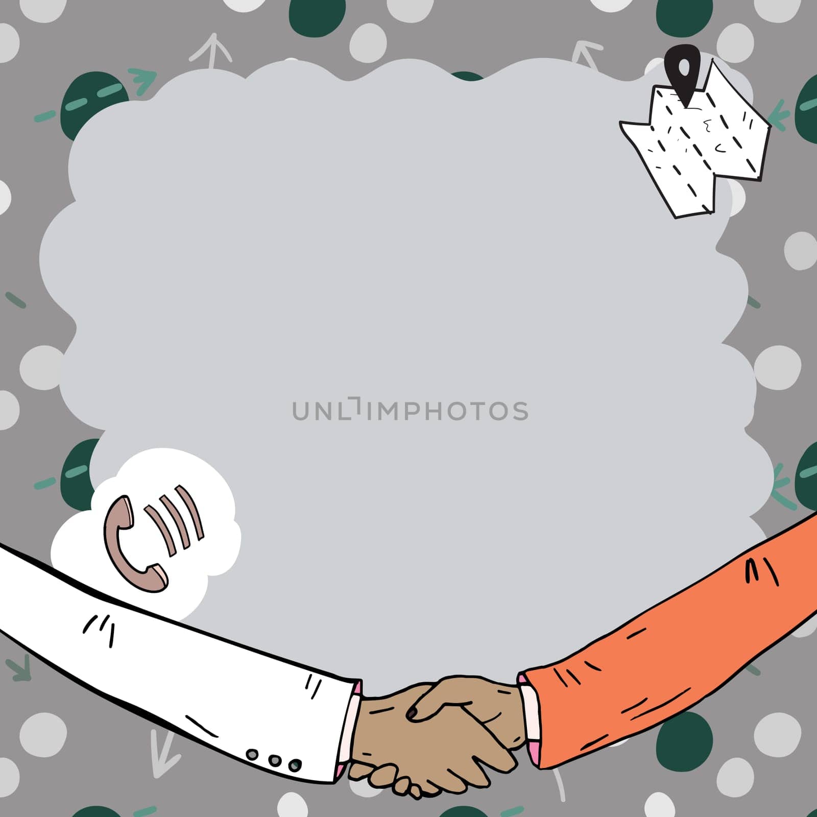 Empty frame decorated with communication symbols represent business meeting