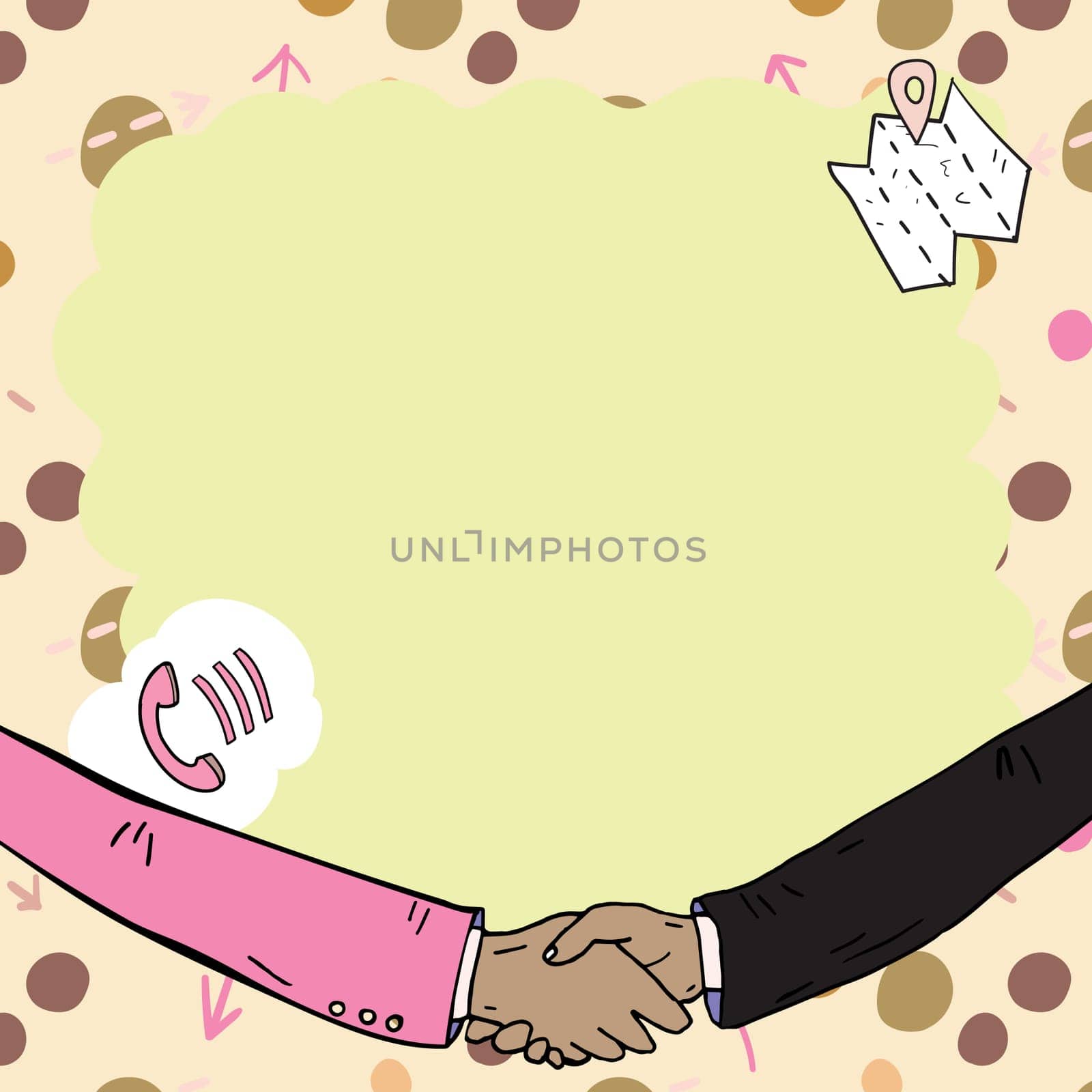 Empty frame decorated with communication symbols represent business meeting