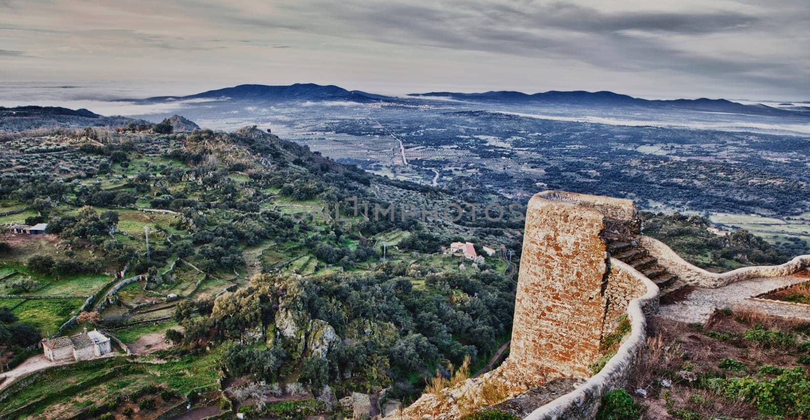 Montanchez castle remains at sunrise, Caceres, Spain