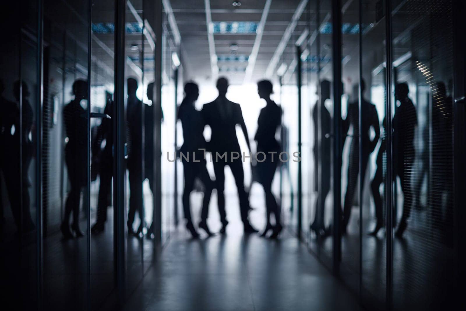 Silhouettes of business group talking in corridor of office building