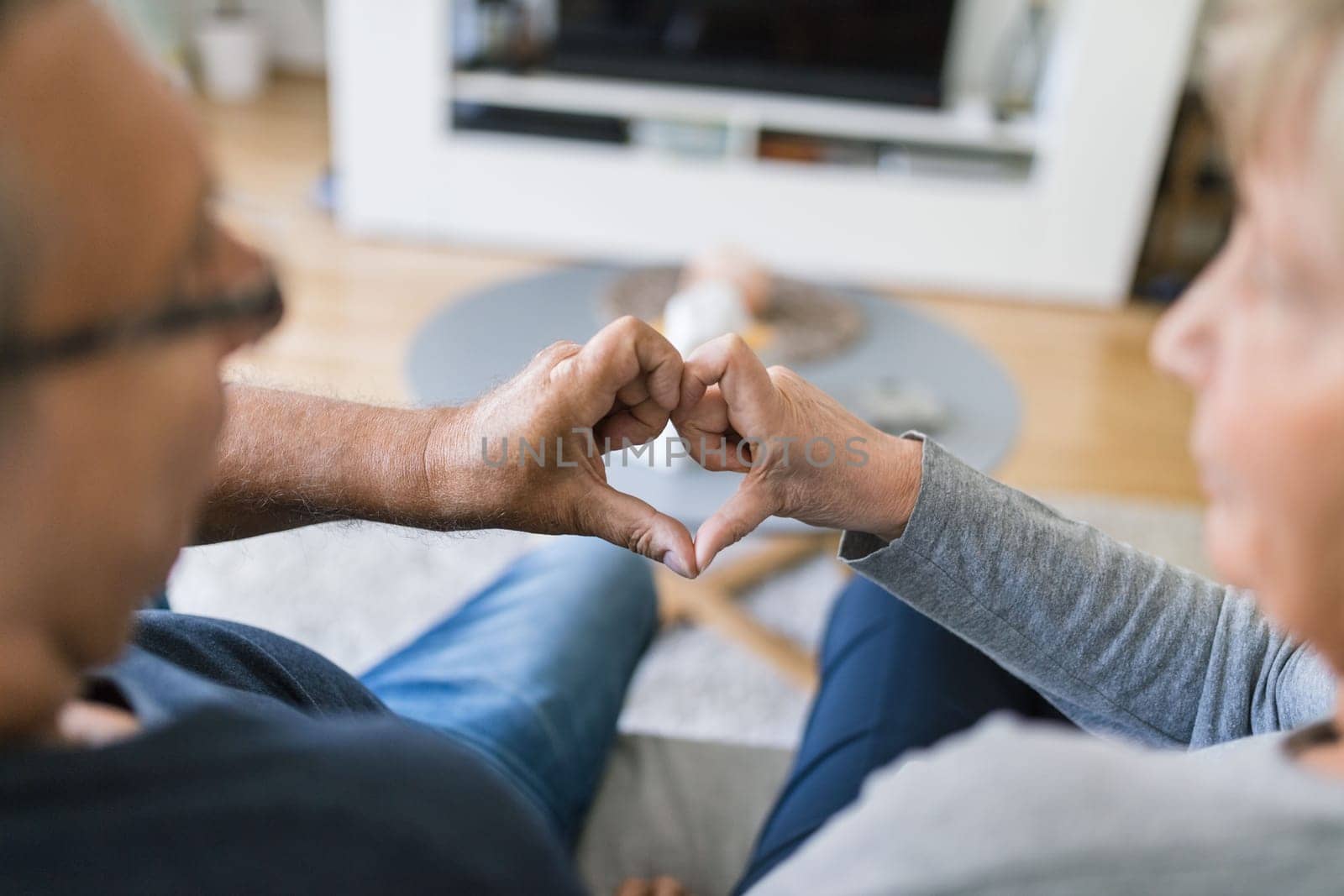 Happy romantic senior couple in love bonding at home