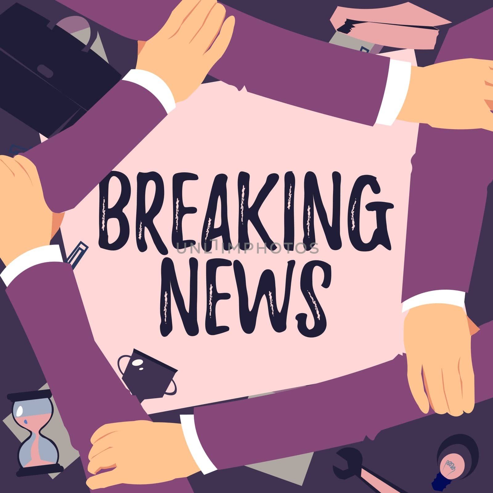 Inspiration showing sign Breaking News, Conceptual photo Special Report Announcement Happening Current Issue Flashnews Four Hands Drawing Holding Arm Together Showing Connection Symbol.