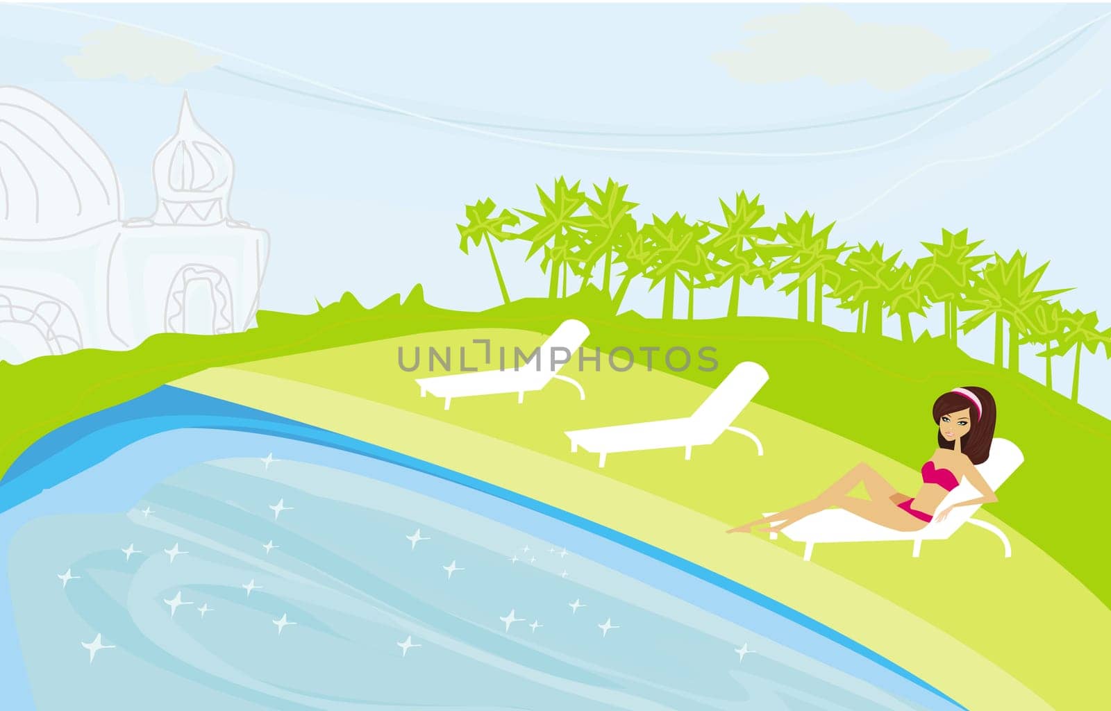 vector image of girl and tropical pool