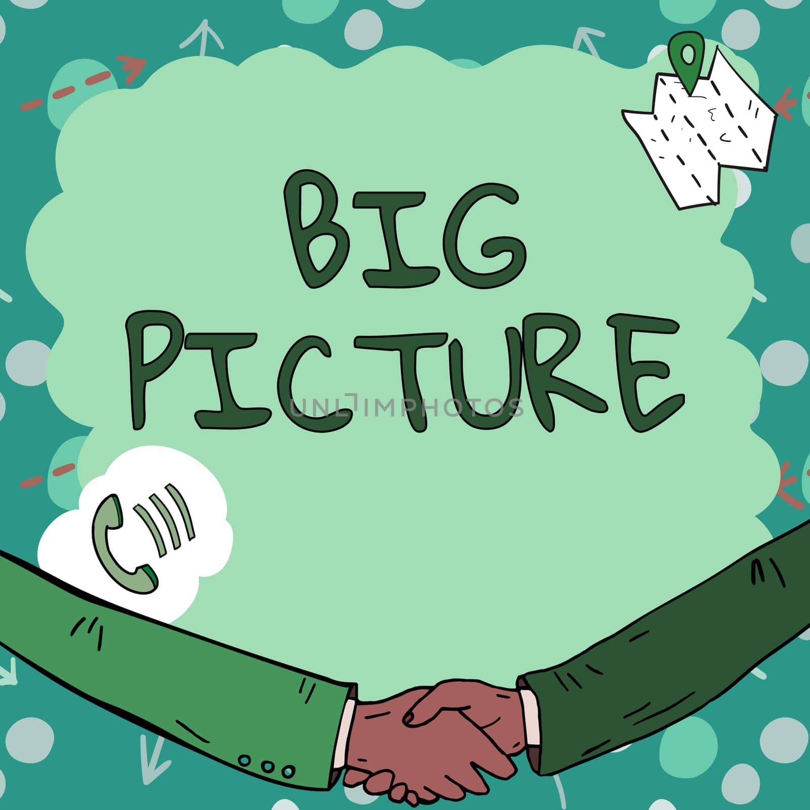 Hand writing sign Big Picture, Business approach most important facts about certain situation and its effects Empty frame decorated with communication symbols represent business meeting