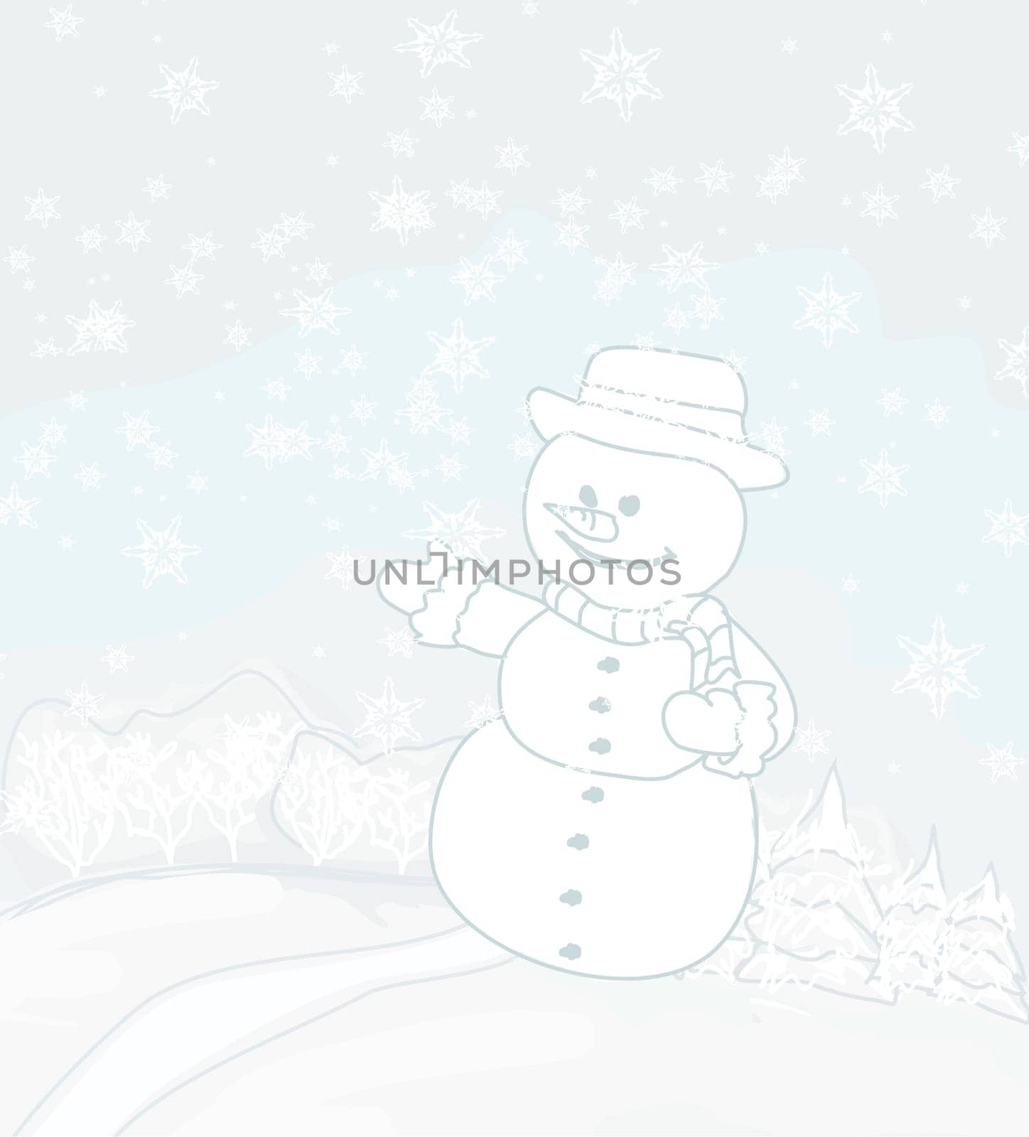 Happy snowman on winter landscape card