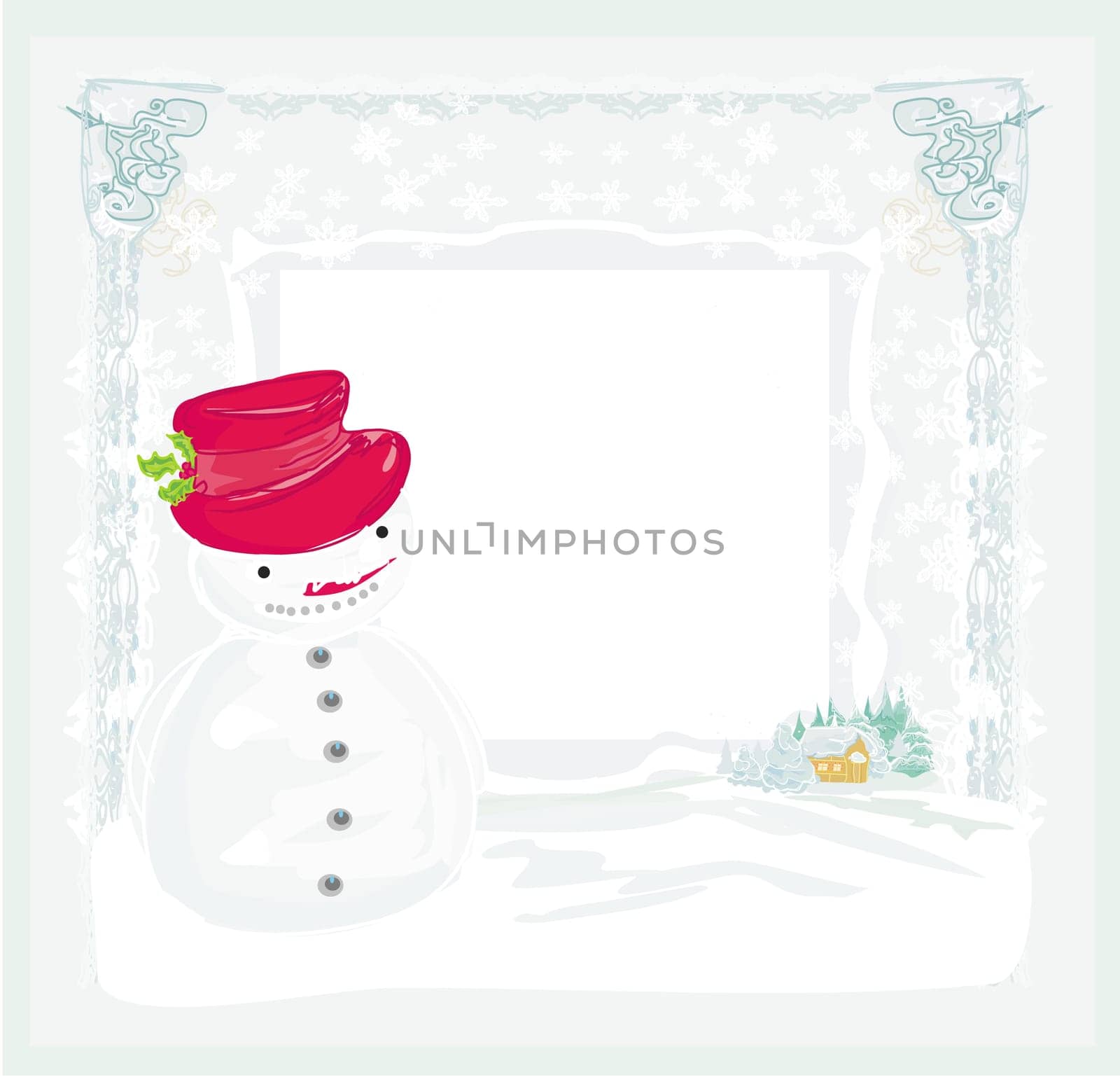 Happy snowman on winter landscape card