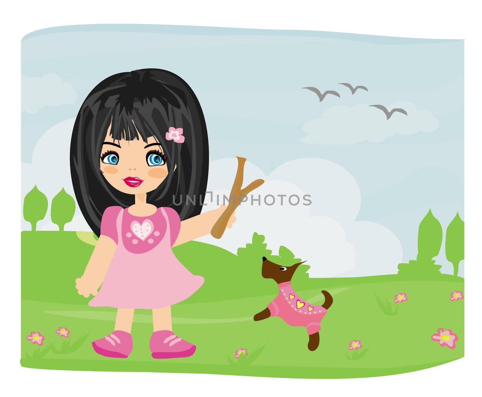 sweet little girl and her dog on rural landscape