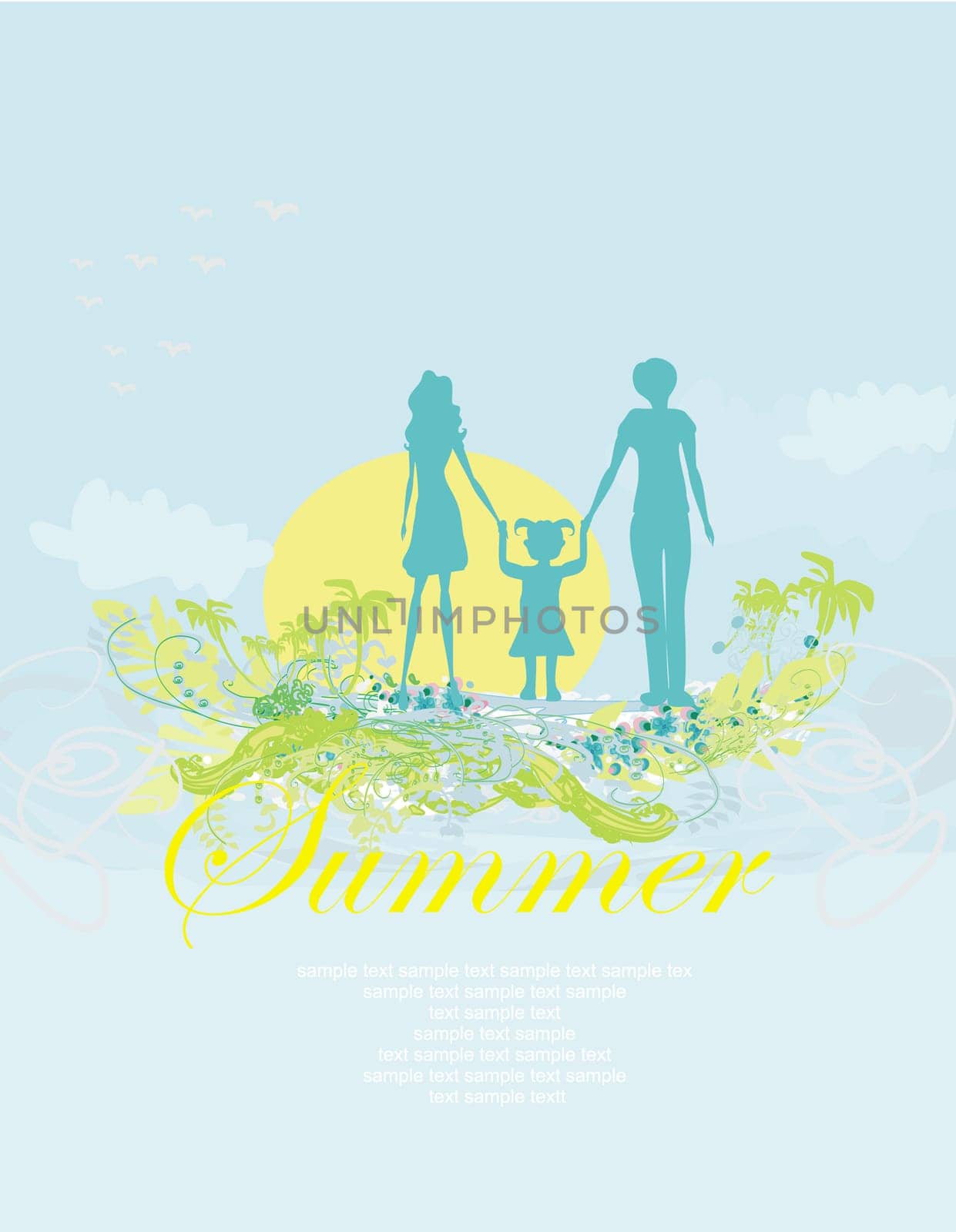 Family silhouette over tropical background abstract card