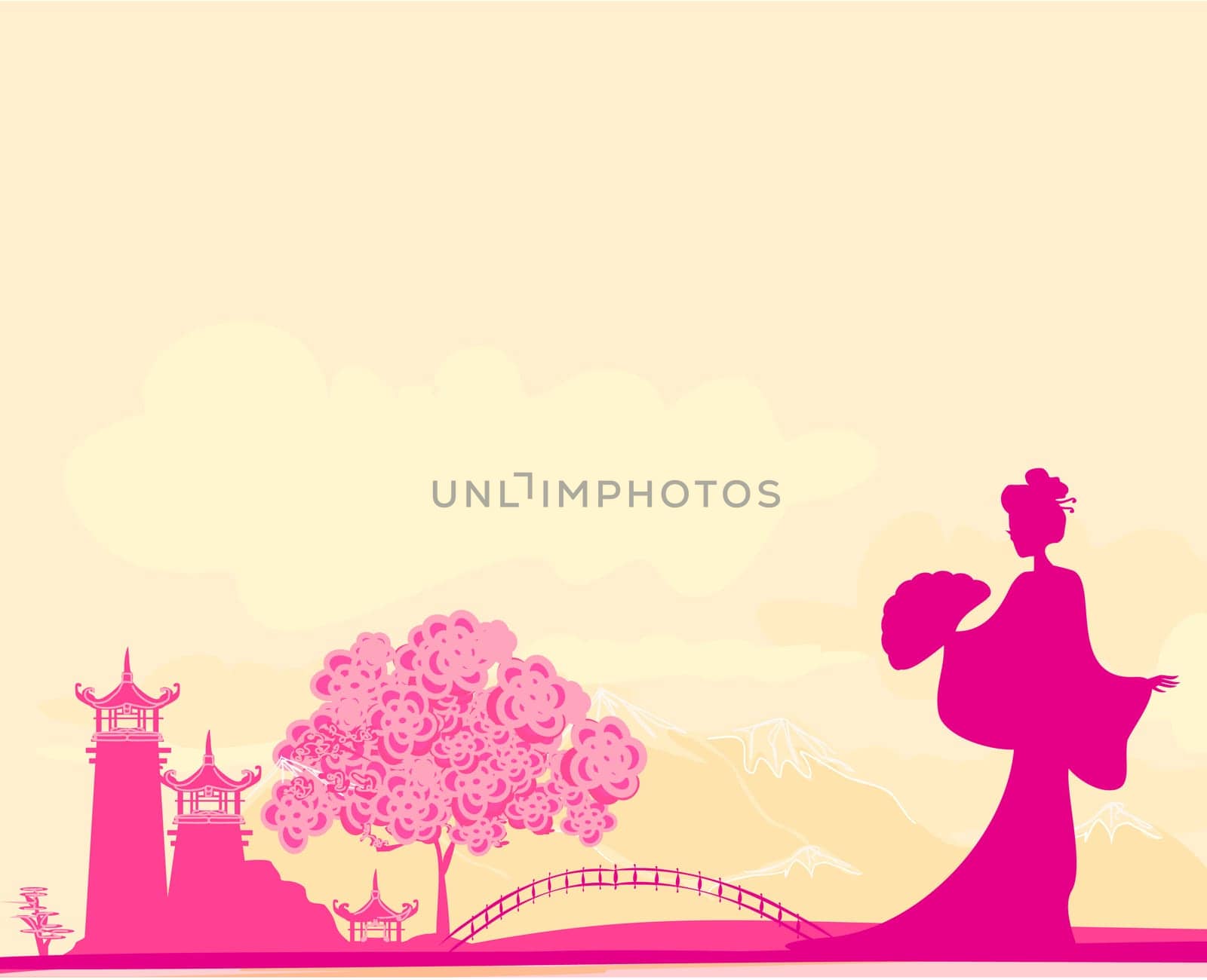 old paper with geisha silhouette and Asian Landscape