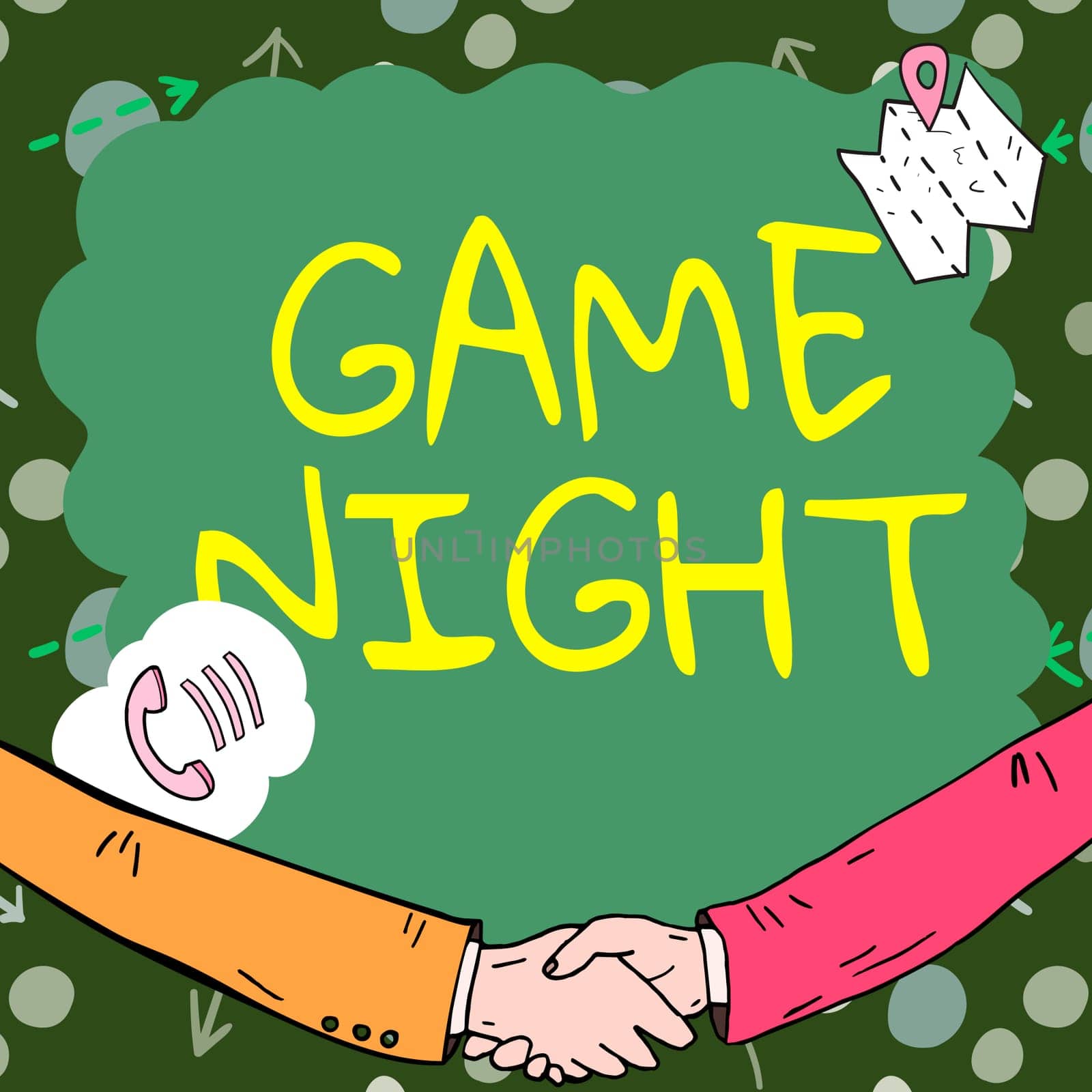 Text caption presenting Game Night, Business approach event in which folks get together for the purpose of getting laid Empty frame decorated with communication symbols represent business meeting