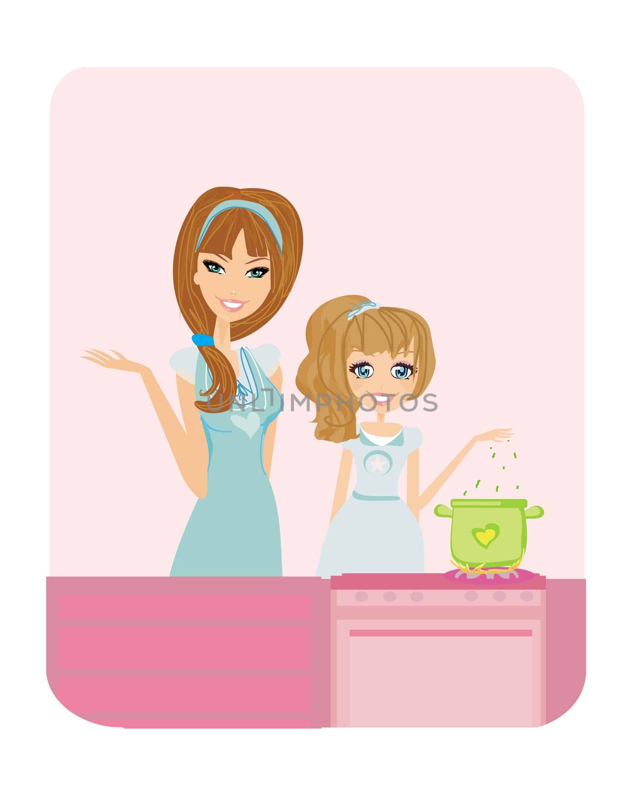 Happy mother helping her daughter cooking in the kitchen