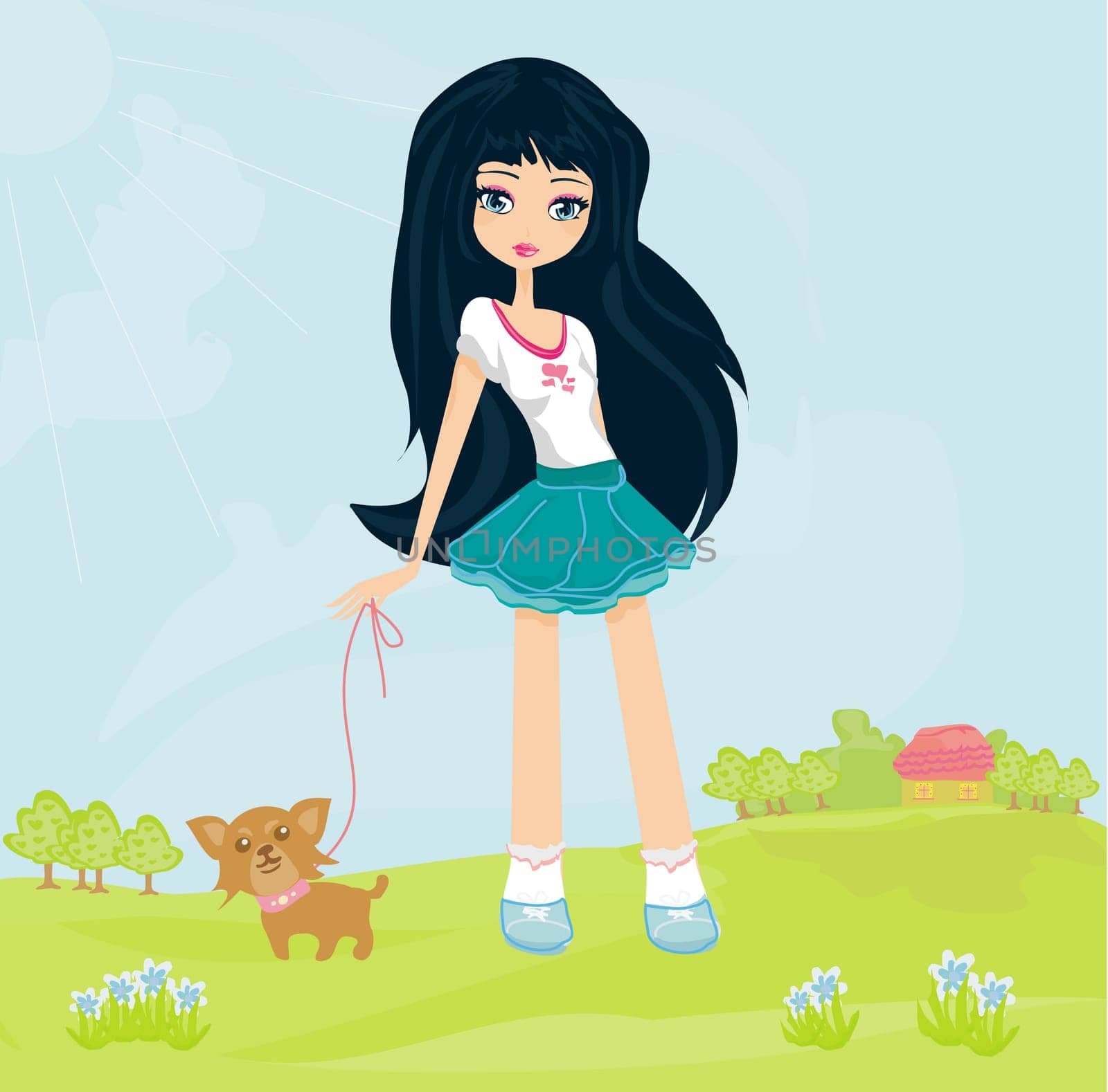 sweet girl and her puppy on rural landscape