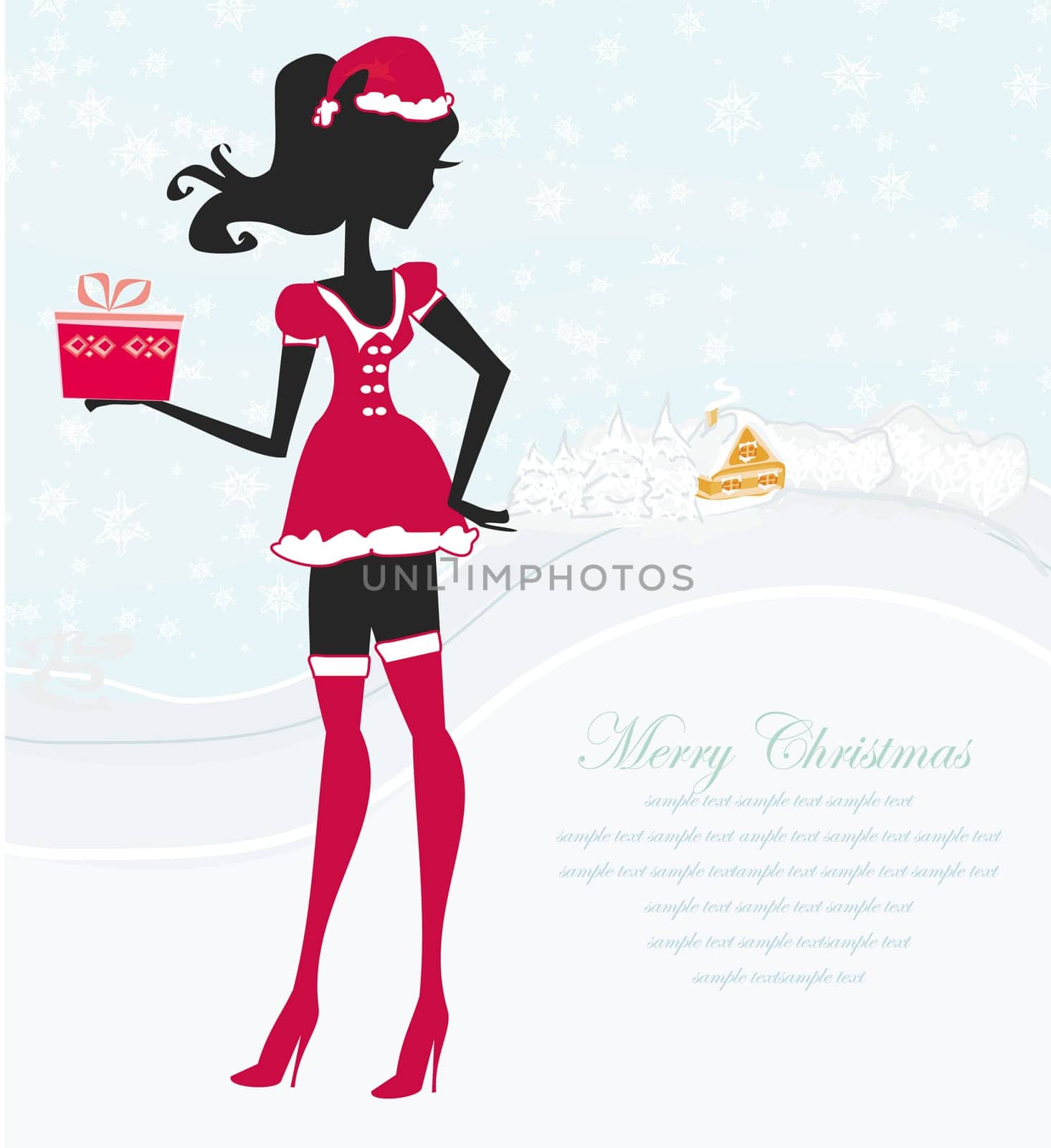Happy New year card with Santa girl and winter landscape