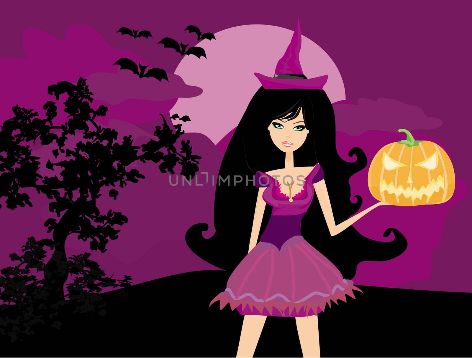 Halloween witch standing with pumpkin