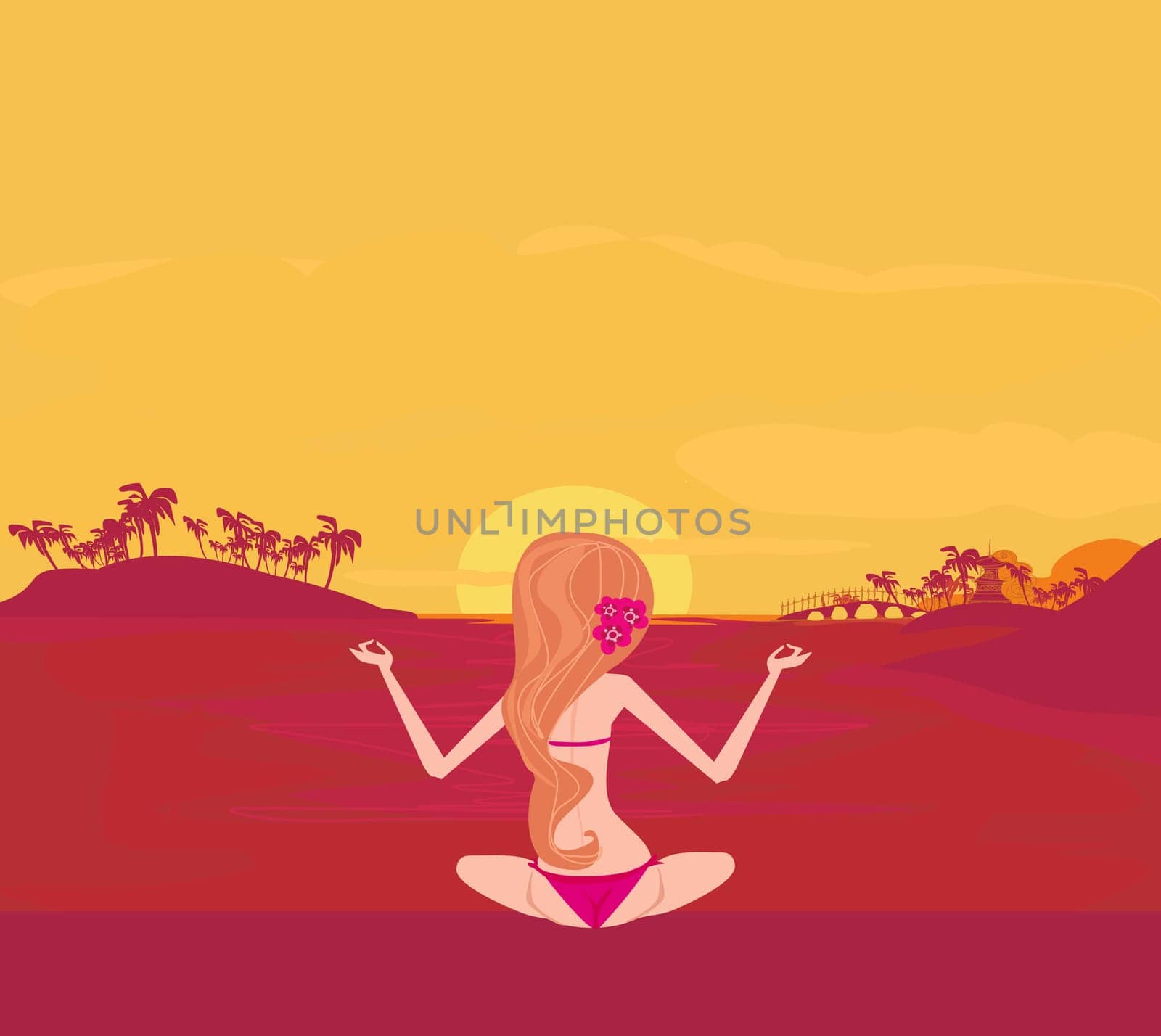 Girl in Yoga pose on Summer background with palm tree