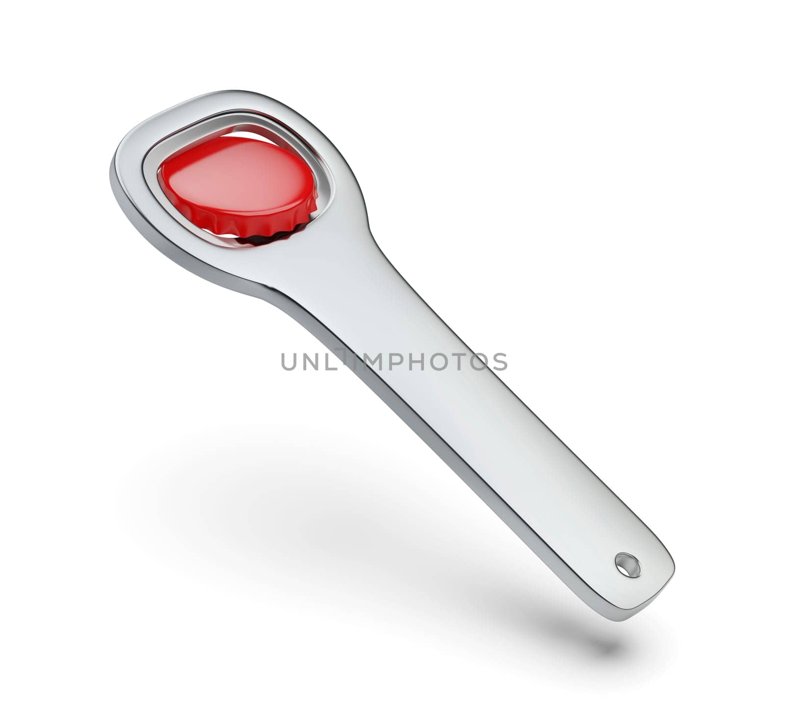 Red beer cap and silver bottle opener on white background